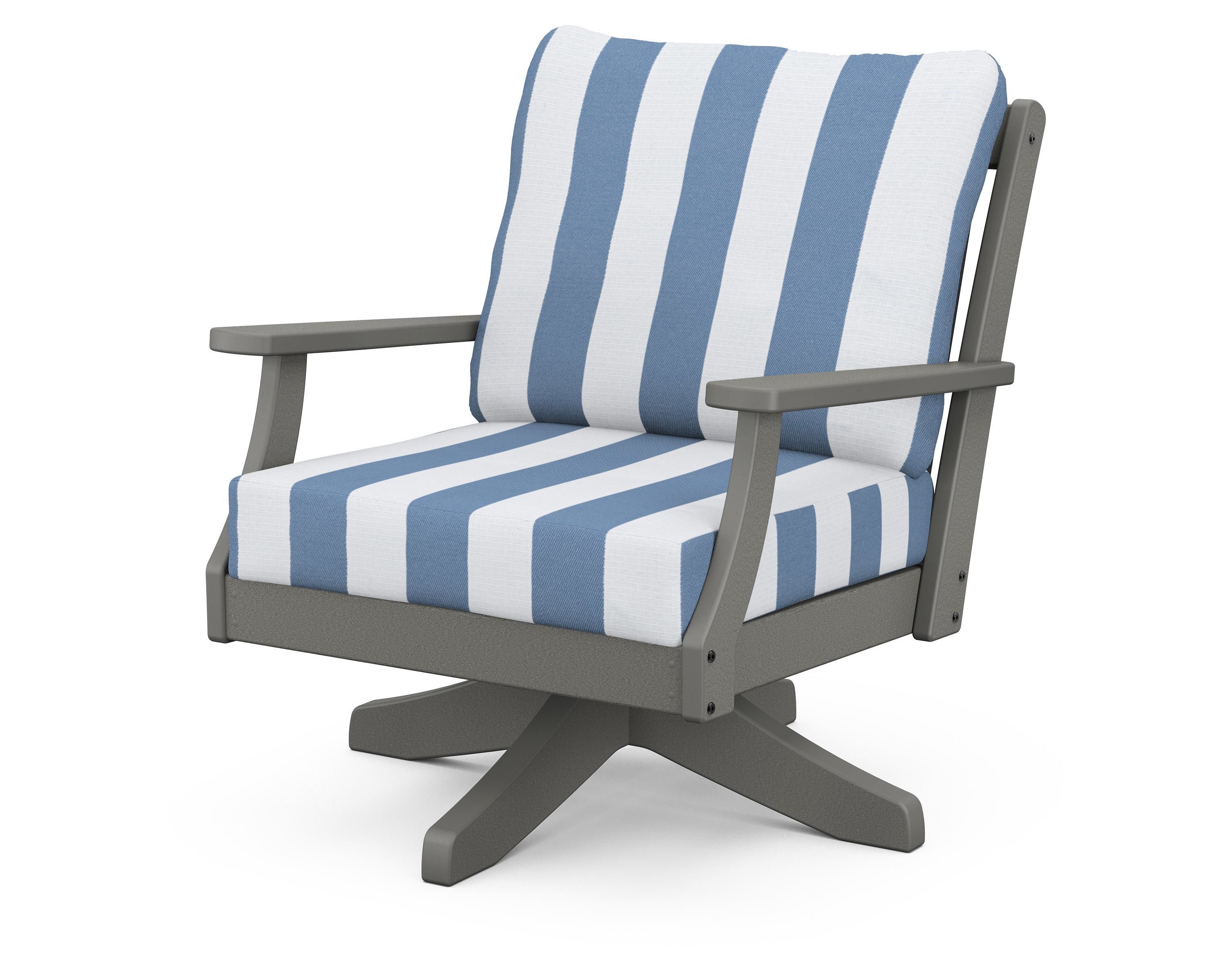POLYWOOD® Braxton Deep Seating Swivel Chair in Slate Grey / Cabana Stripe Sky Blue