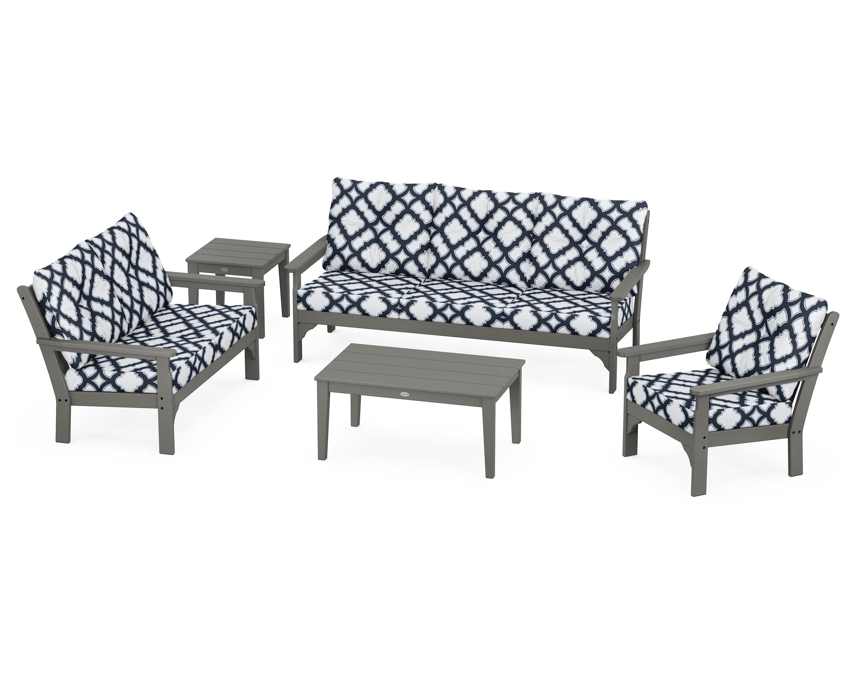 POLYWOOD® Vineyard 5 Piece Deep Seating Set in Slate Grey / Trellis Marine Indigo