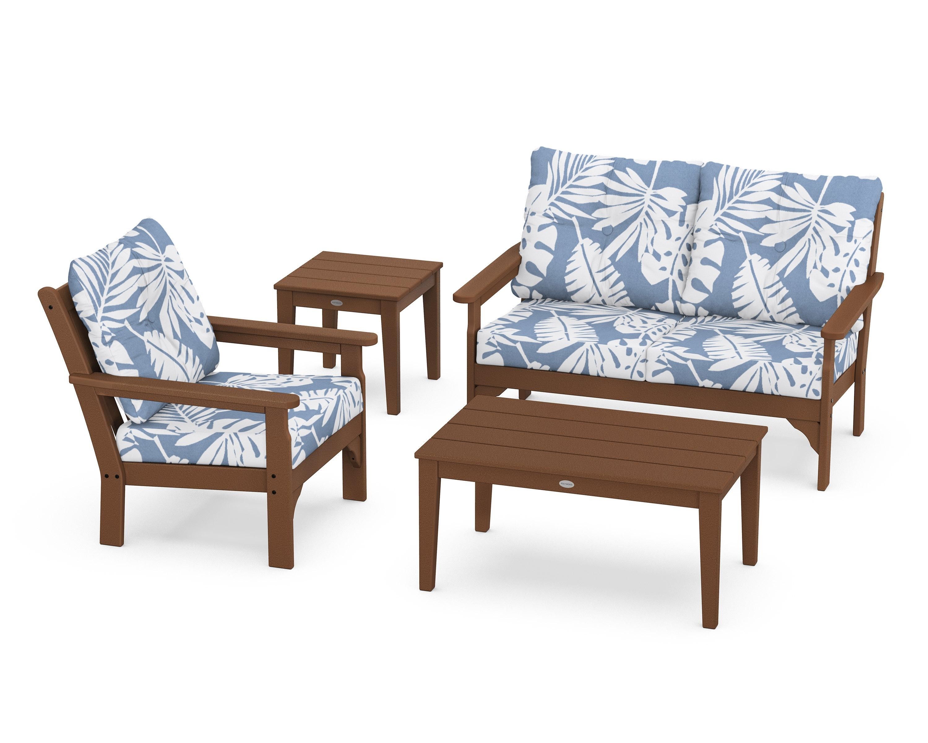 POLYWOOD® Vineyard 4-Piece Deep Seating Set in Teak / Leaf Sky Blue