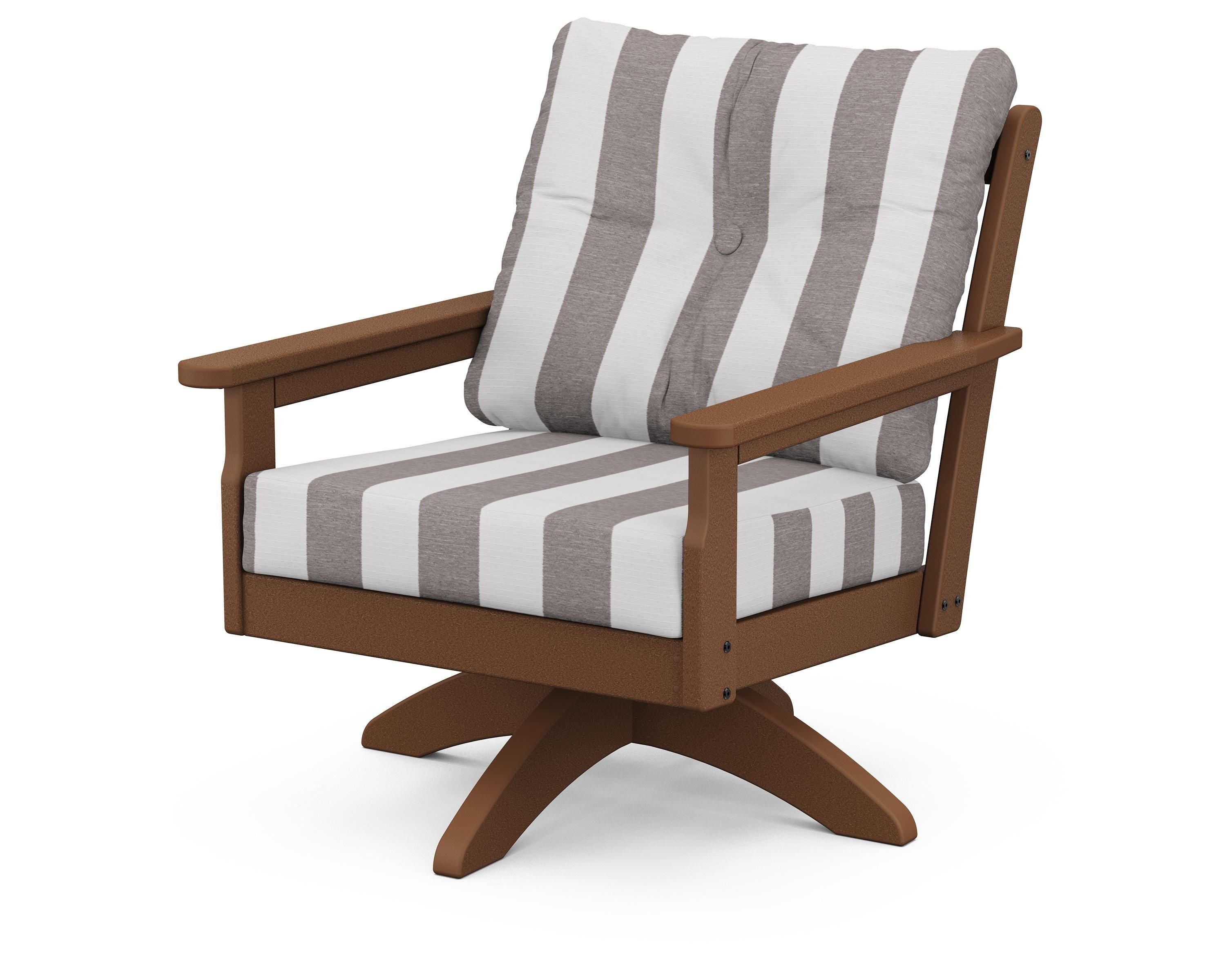 POLYWOOD® Vineyard Deep Seating Swivel Chair in Teak / Cabana Stripe Grey Mist