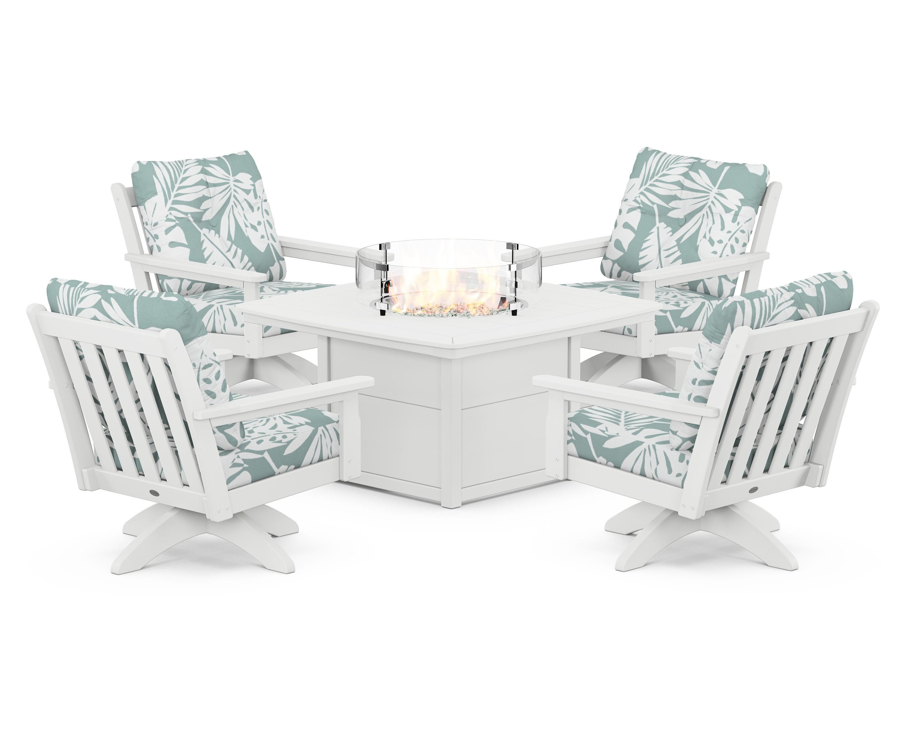 POLYWOOD® Vineyard 5-Piece Deep Seating Swivel Conversation Set with Fire Pit Table in White / Leaf Glacier Spa