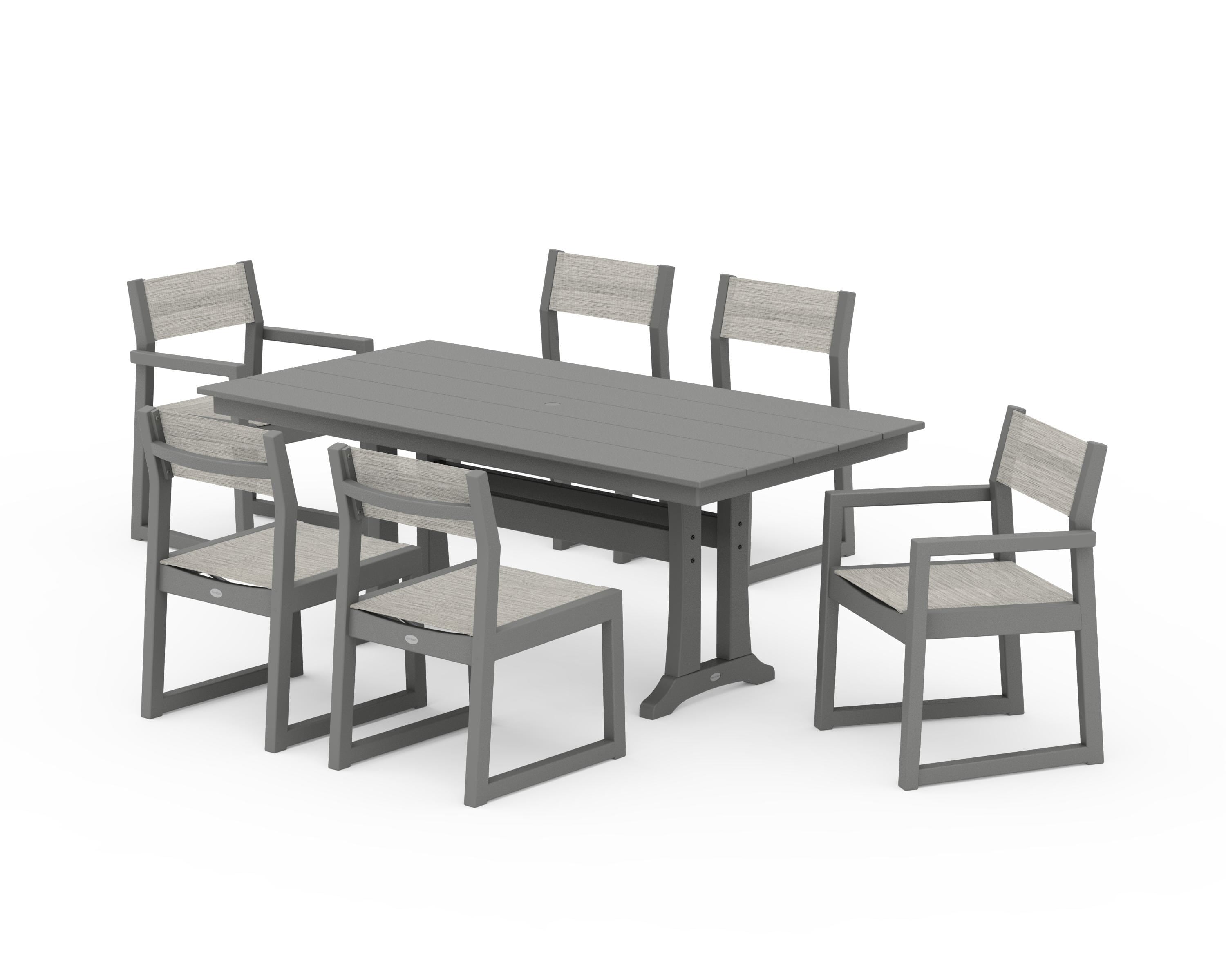 POLYWOOD® EDGE Sling 7-Piece Farmhouse Trestle Dining Set in Slate Grey / Birch Sling