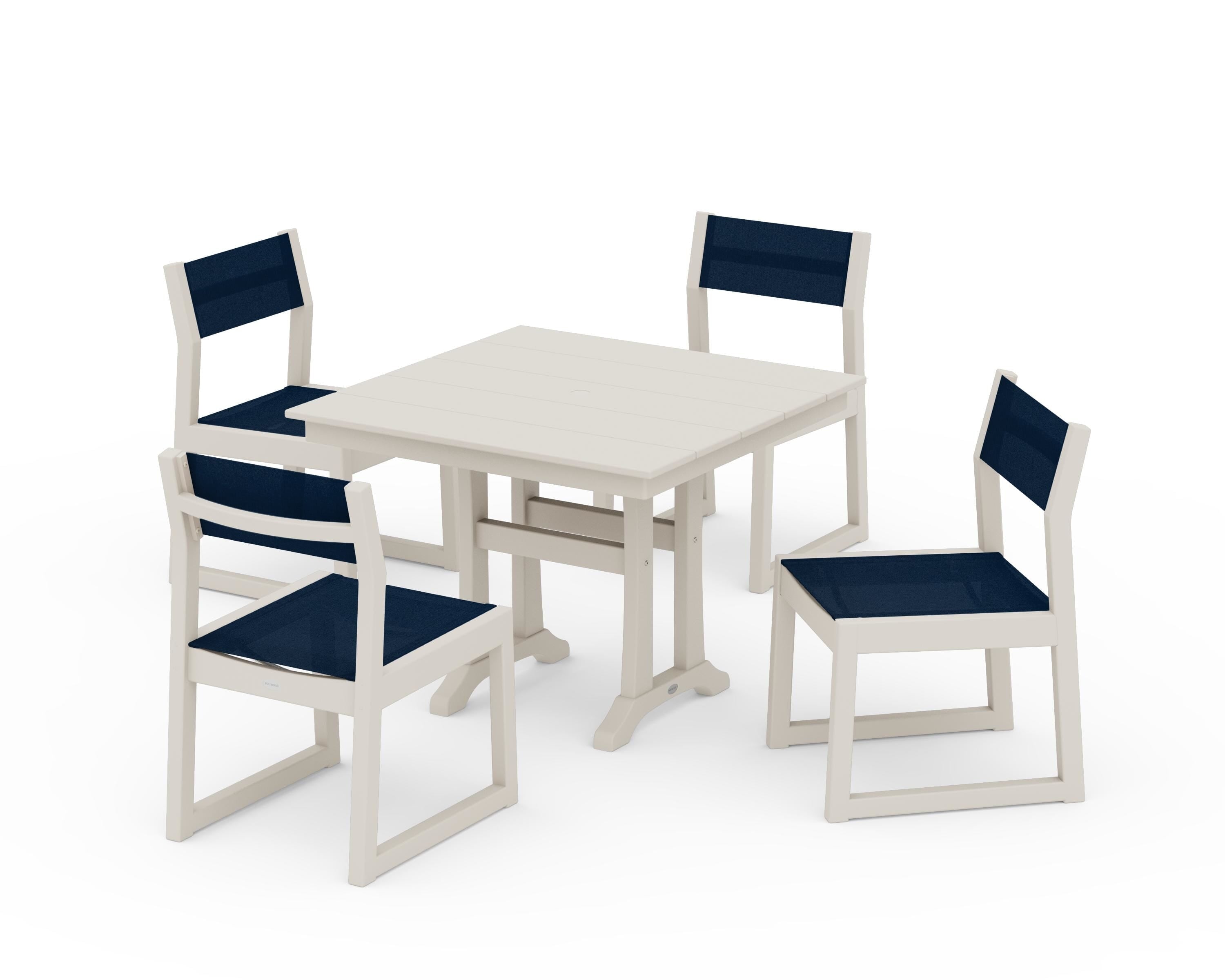 POLYWOOD® EDGE Sling 5-Piece Farmhouse Trestle Side Chair Dining Set in Sand / Navy Blue Sling