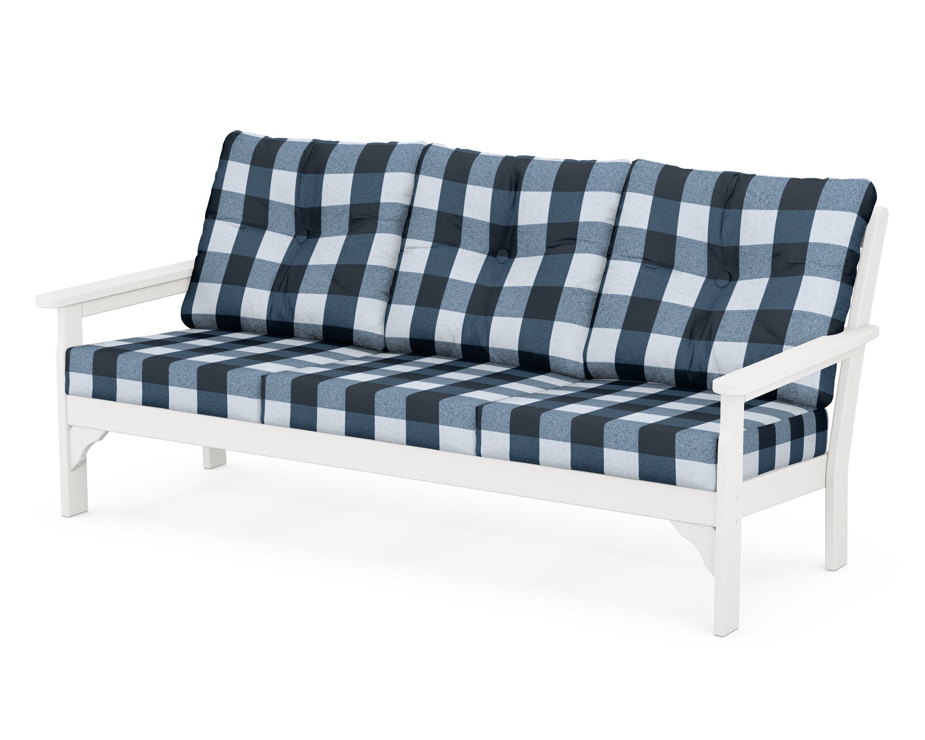 POLYWOOD® Vineyard Deep Seating Sofa in Vintage White / Buffalo Plaid Marine Indigo
