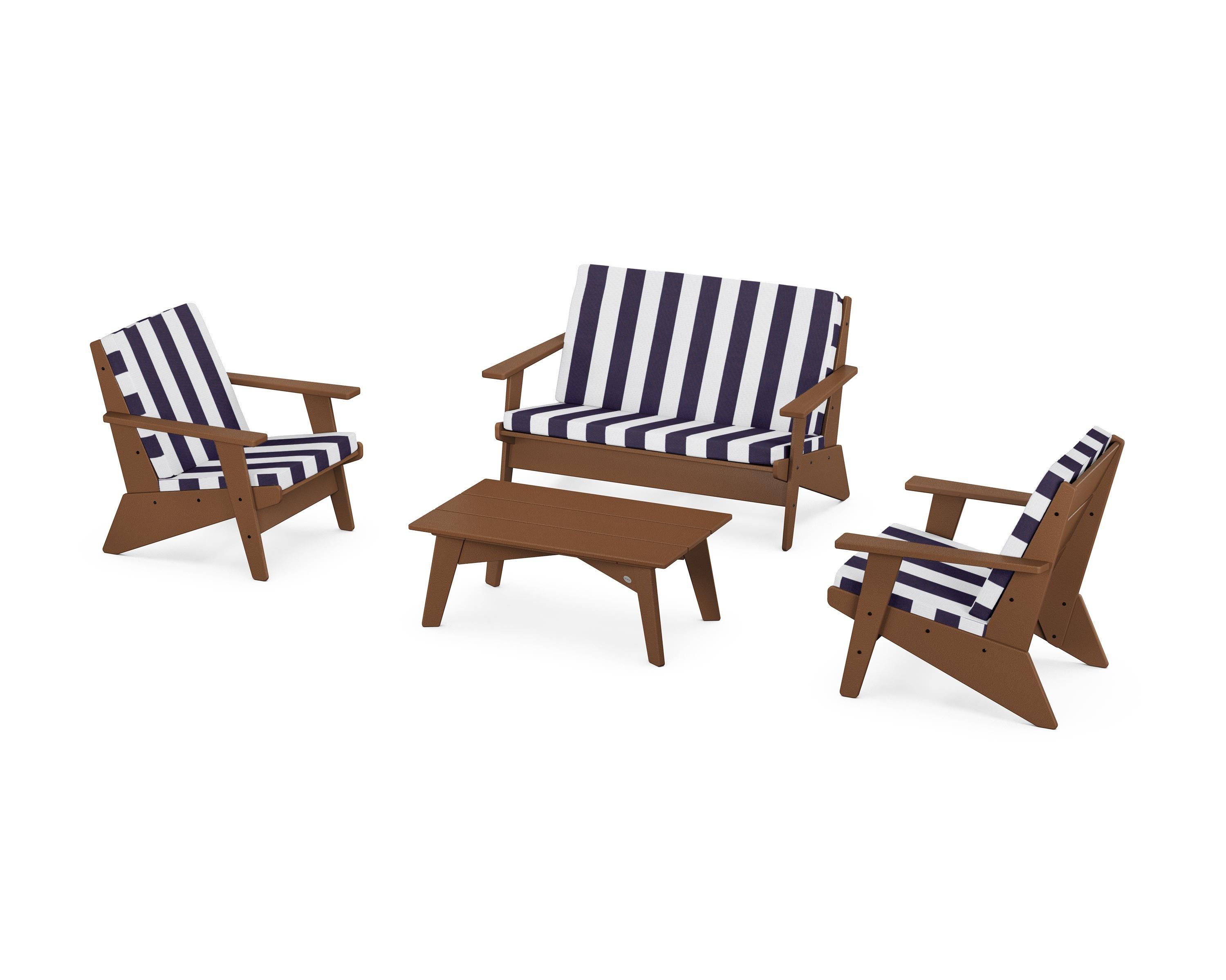 POLYWOOD® Riviera Modern Lounge 4-Piece Set in Teak / Cabana Stripe Navy