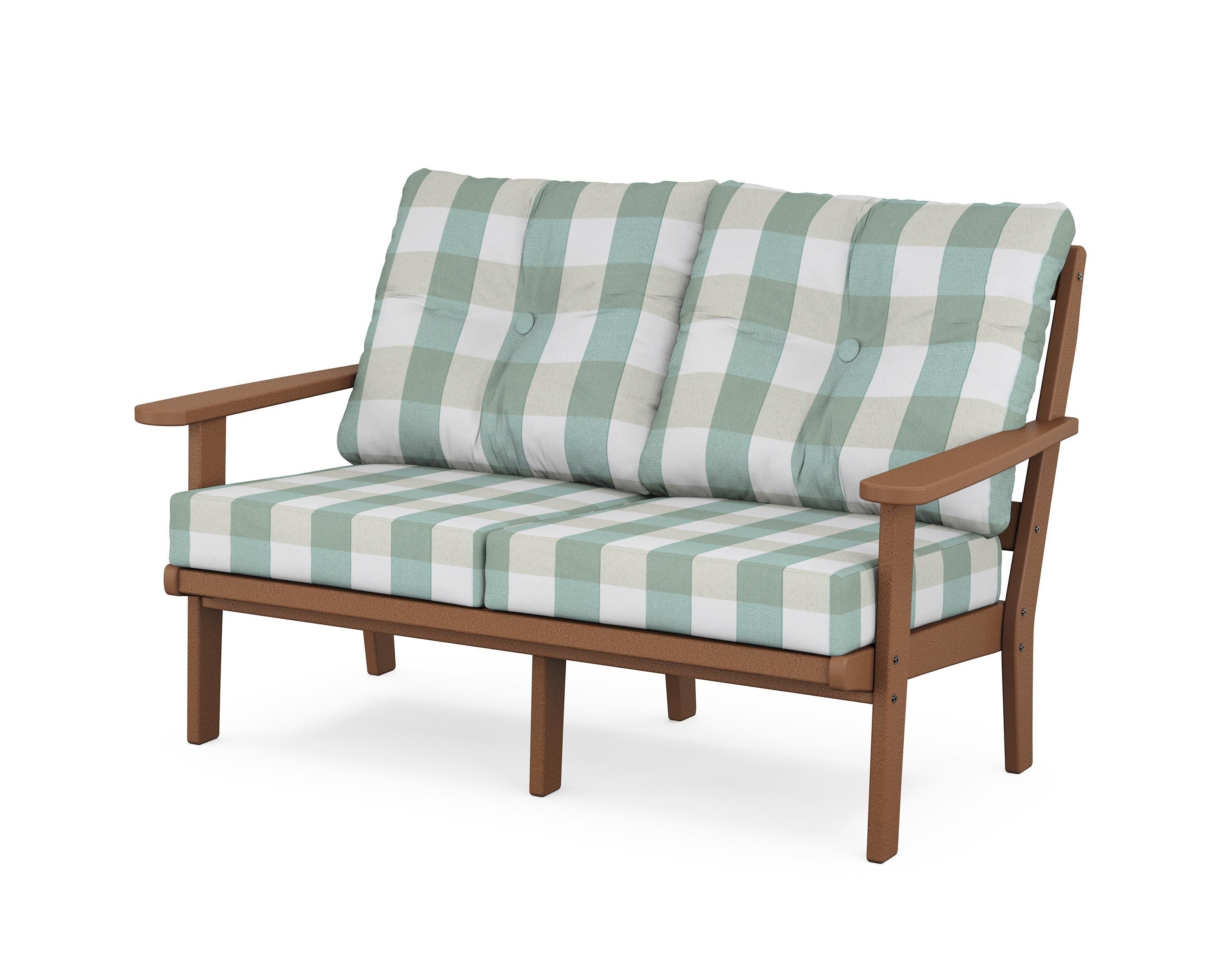 POLYWOOD® Mission Deep Seating Loveseat in Teak / Buffalo Plaid Glacier Spa
