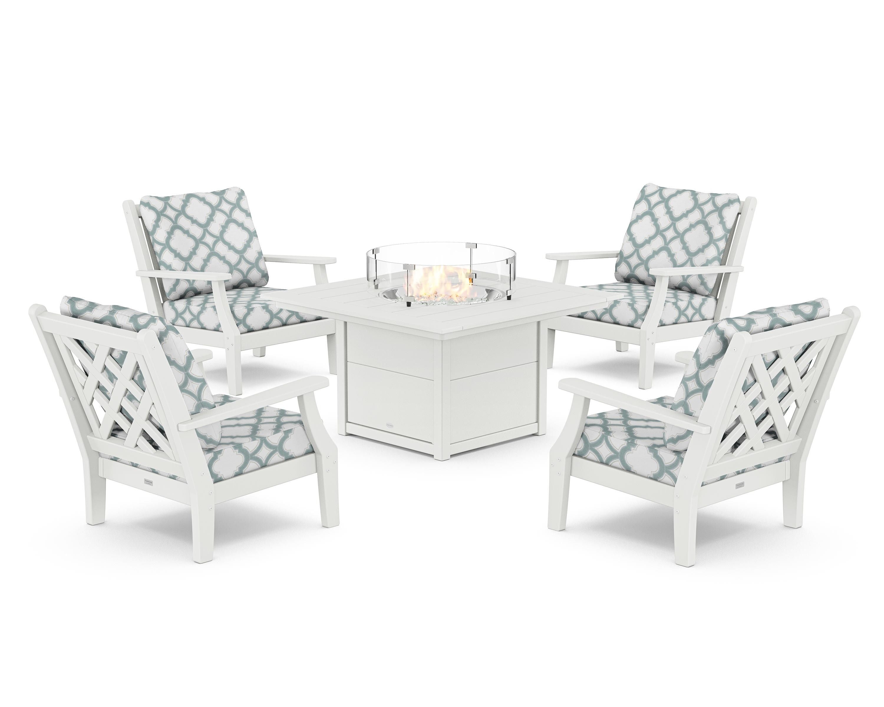 Country Living Wovendale 5-Piece Deep Seating Set with Fire Pit Table in White / Trellis Glacier Spa