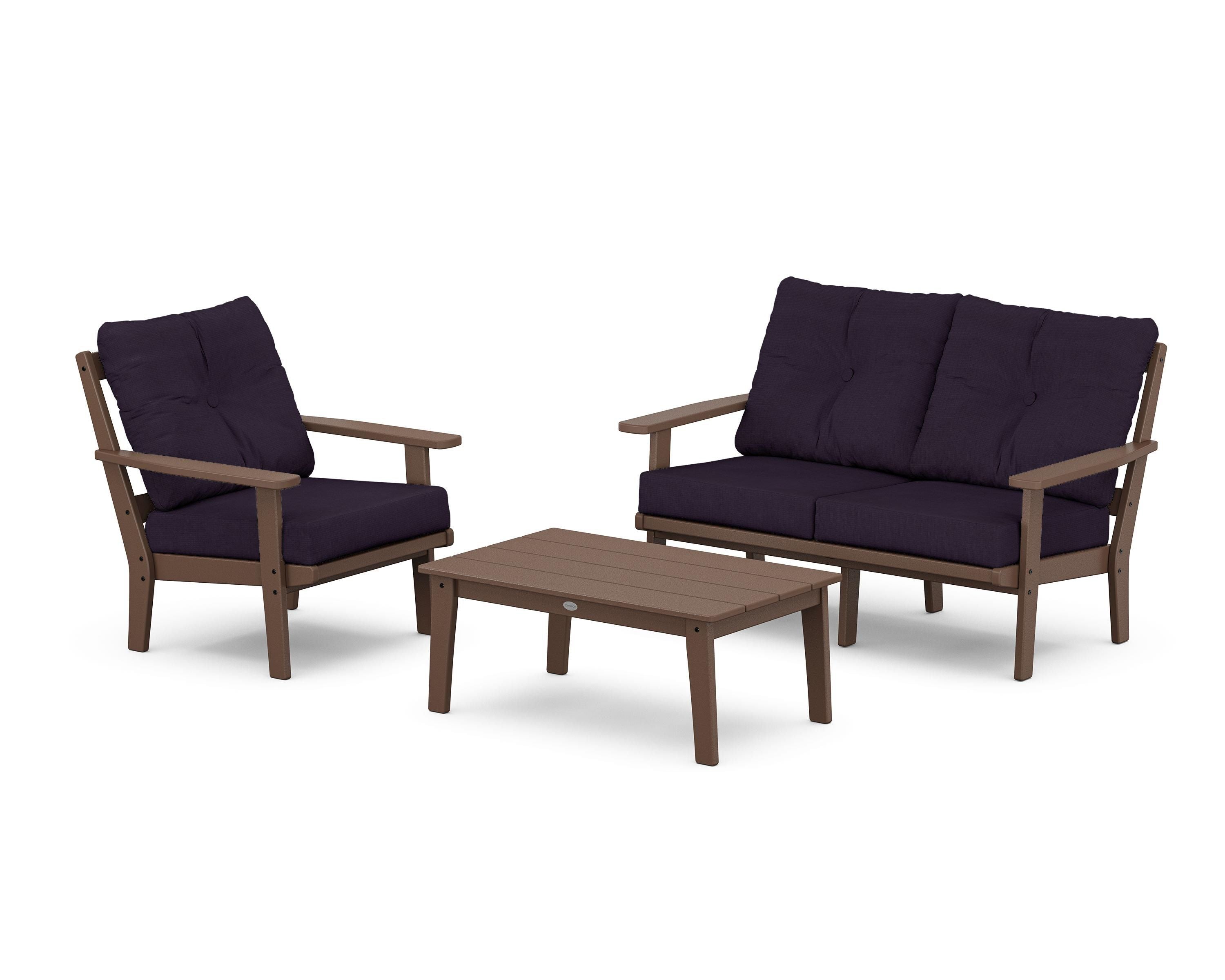POLYWOOD® Oxford 3-Piece Deep Seating Set with Loveseat in Mahogany / Navy Linen