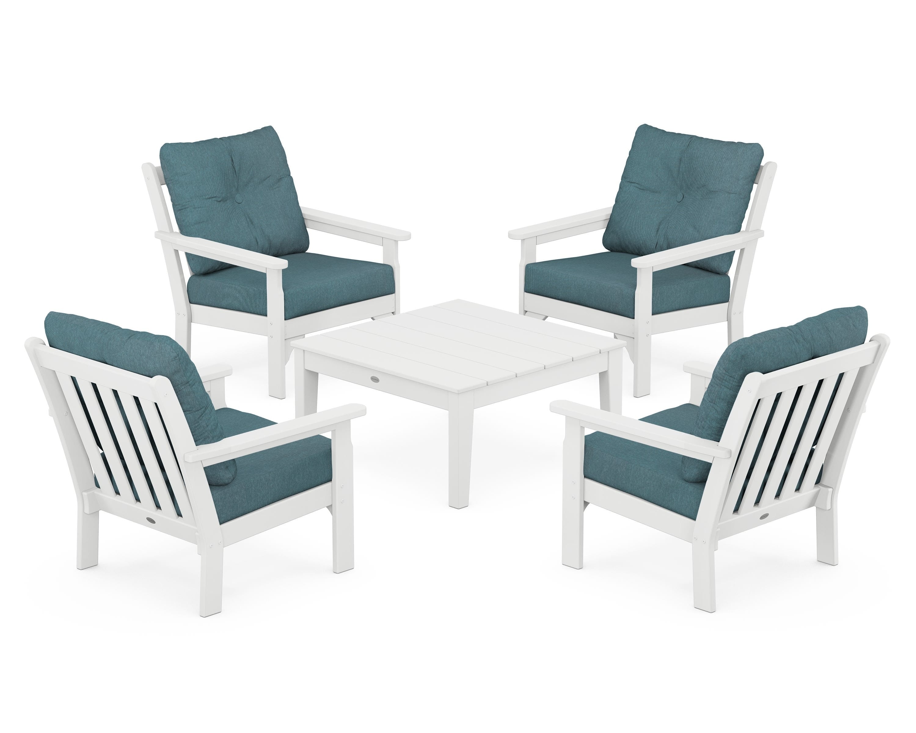 POLYWOOD® Vineyard 5-Piece Deep Seating Conversation Set in White / Ocean Teal