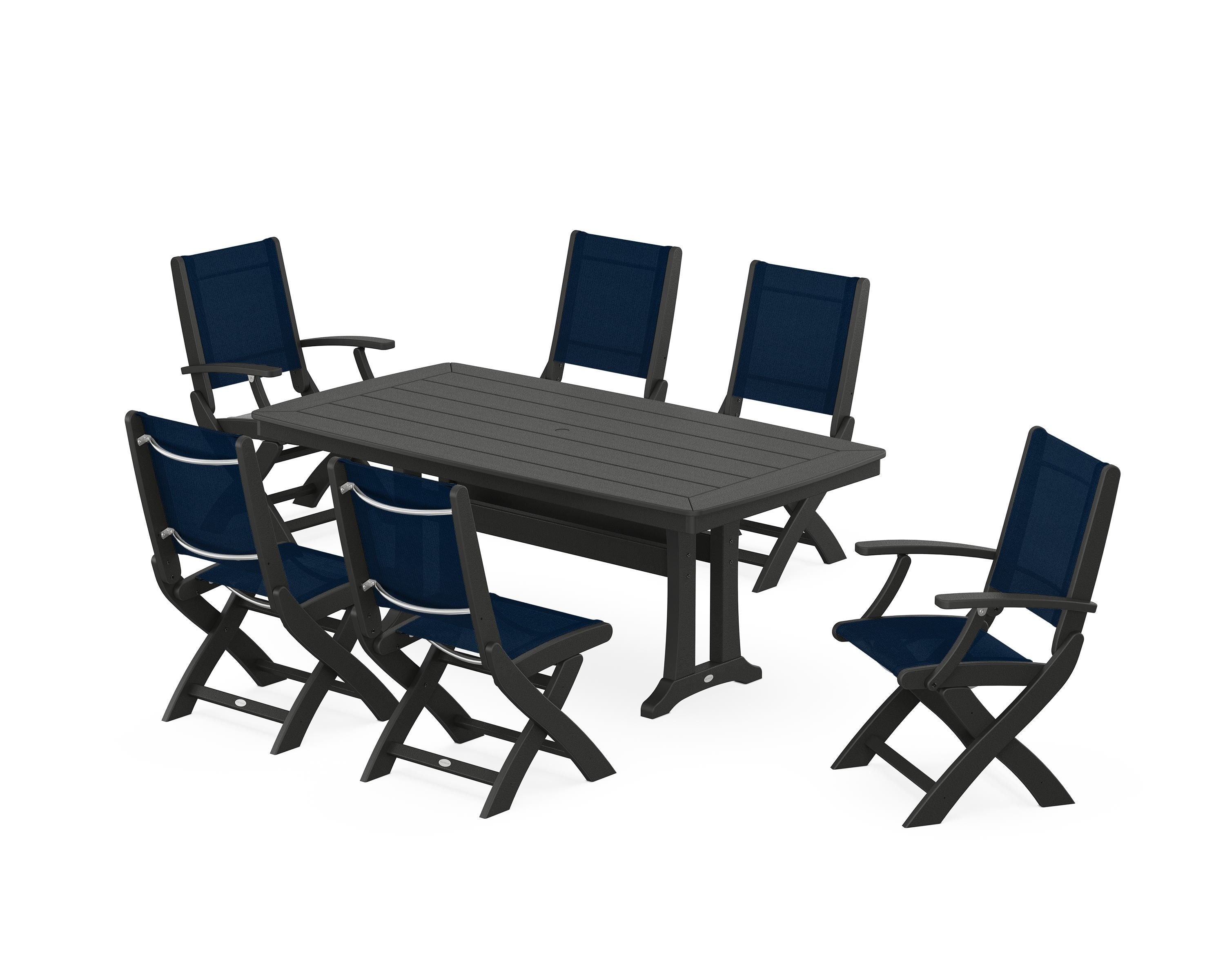 POLYWOOD® Coastal Folding Chair 7-Piece Dining Set with Trestle Legs in Black / Navy Blue Sling