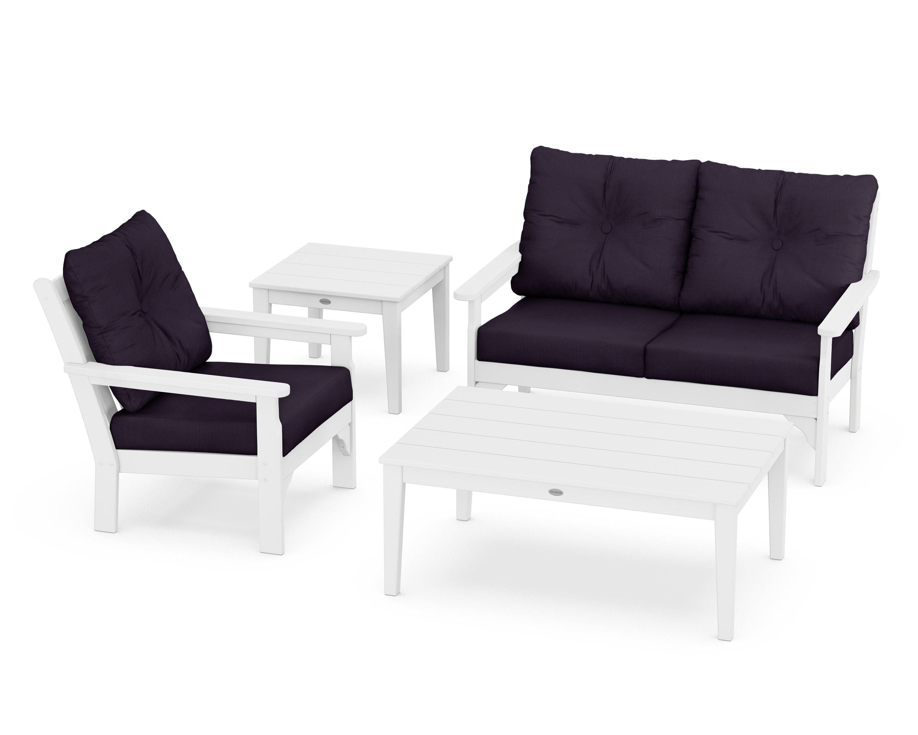 POLYWOOD® Vineyard 4-Piece Deep Seating Set in White / Navy Linen