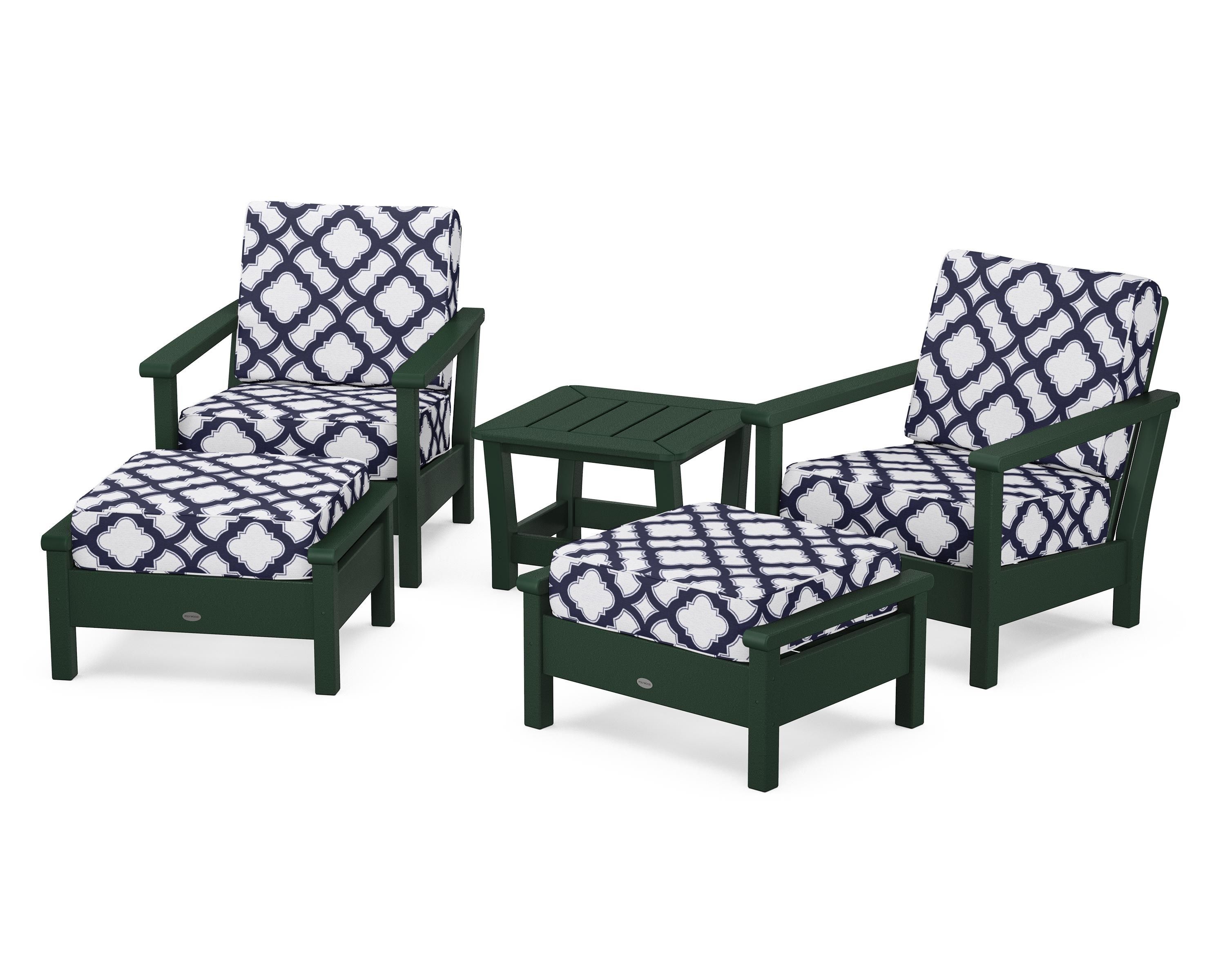 POLYWOOD® Harbour 5-Piece Deep Seating Chair Set in Green / Trellis Navy
