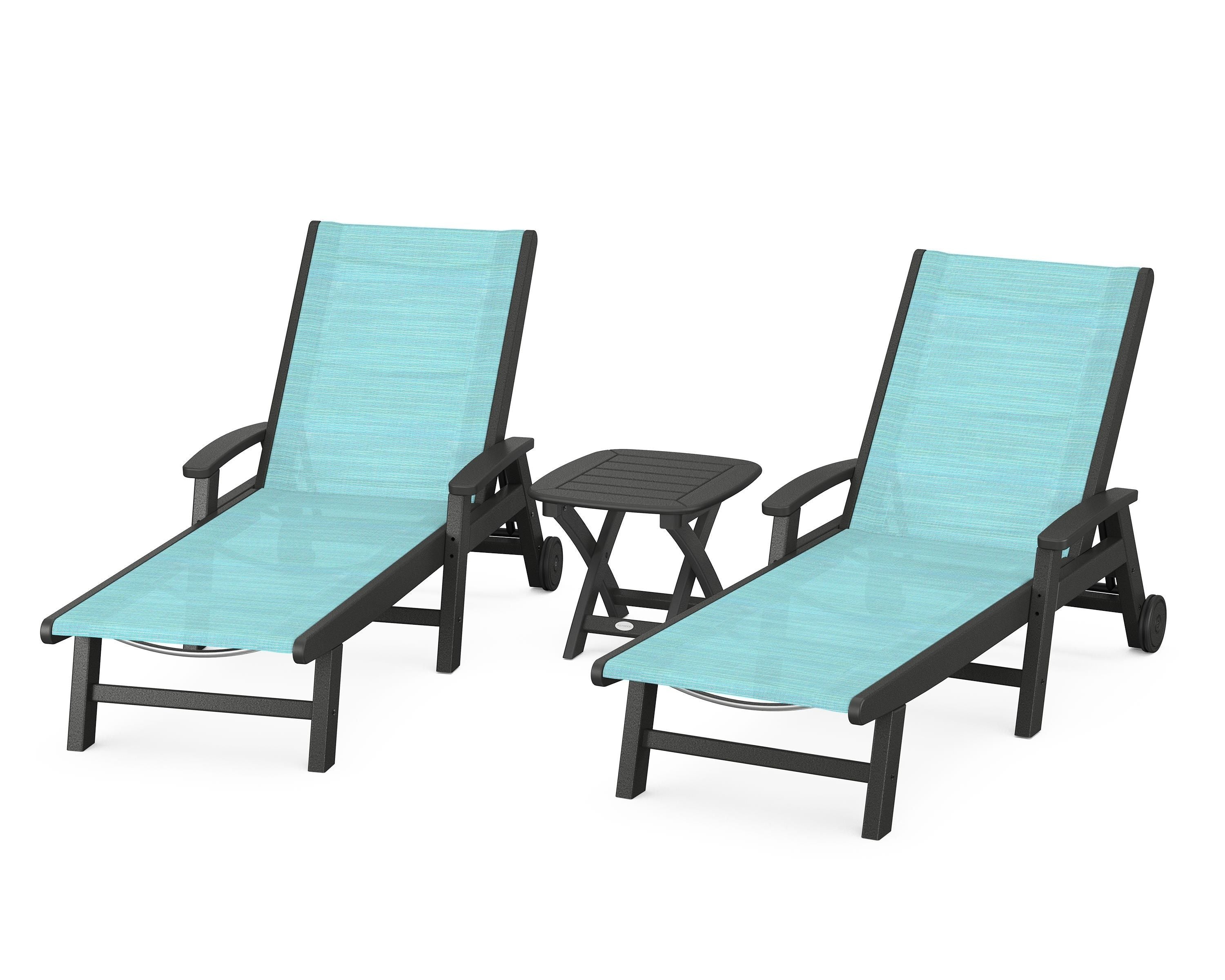 POLYWOOD® Coastal 3-Piece Wheeled Chaise Set in Black / Dupioni Aquamarine Sling
