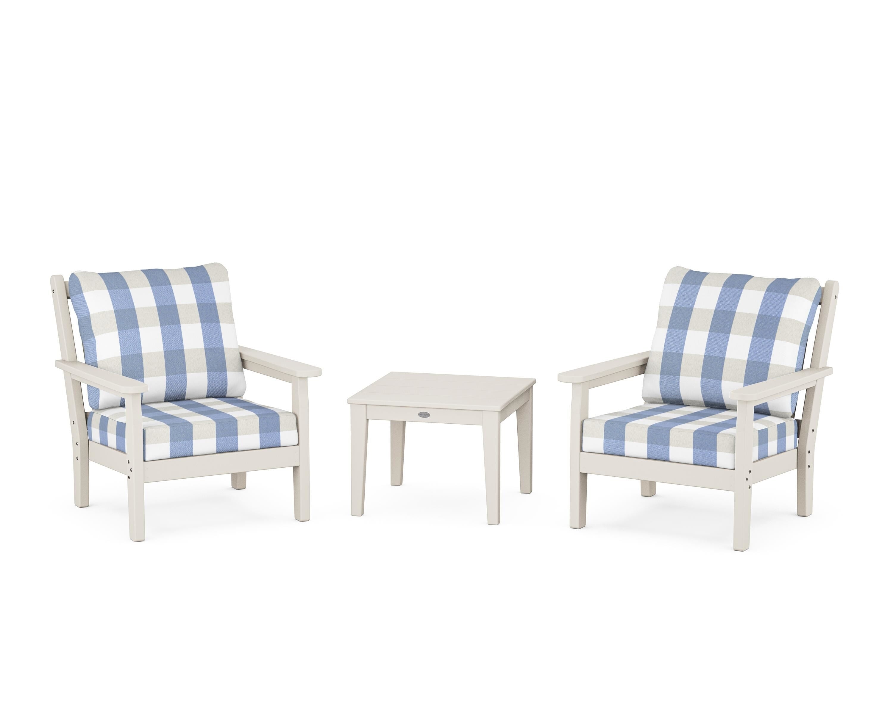 POLYWOOD® Chippendale 3-Piece Deep Seating Set in Sand / Buffalo Plaid Sky Blue