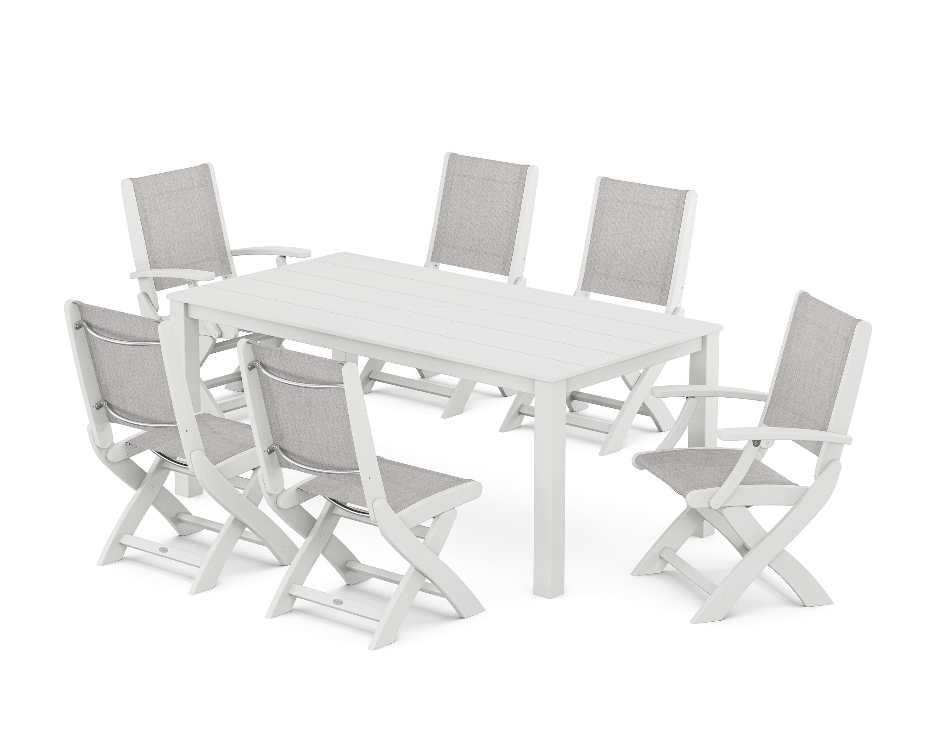 POLYWOOD® Coastal Folding Chair 7-Piece Parsons Dining Set in White / Parchment Sling