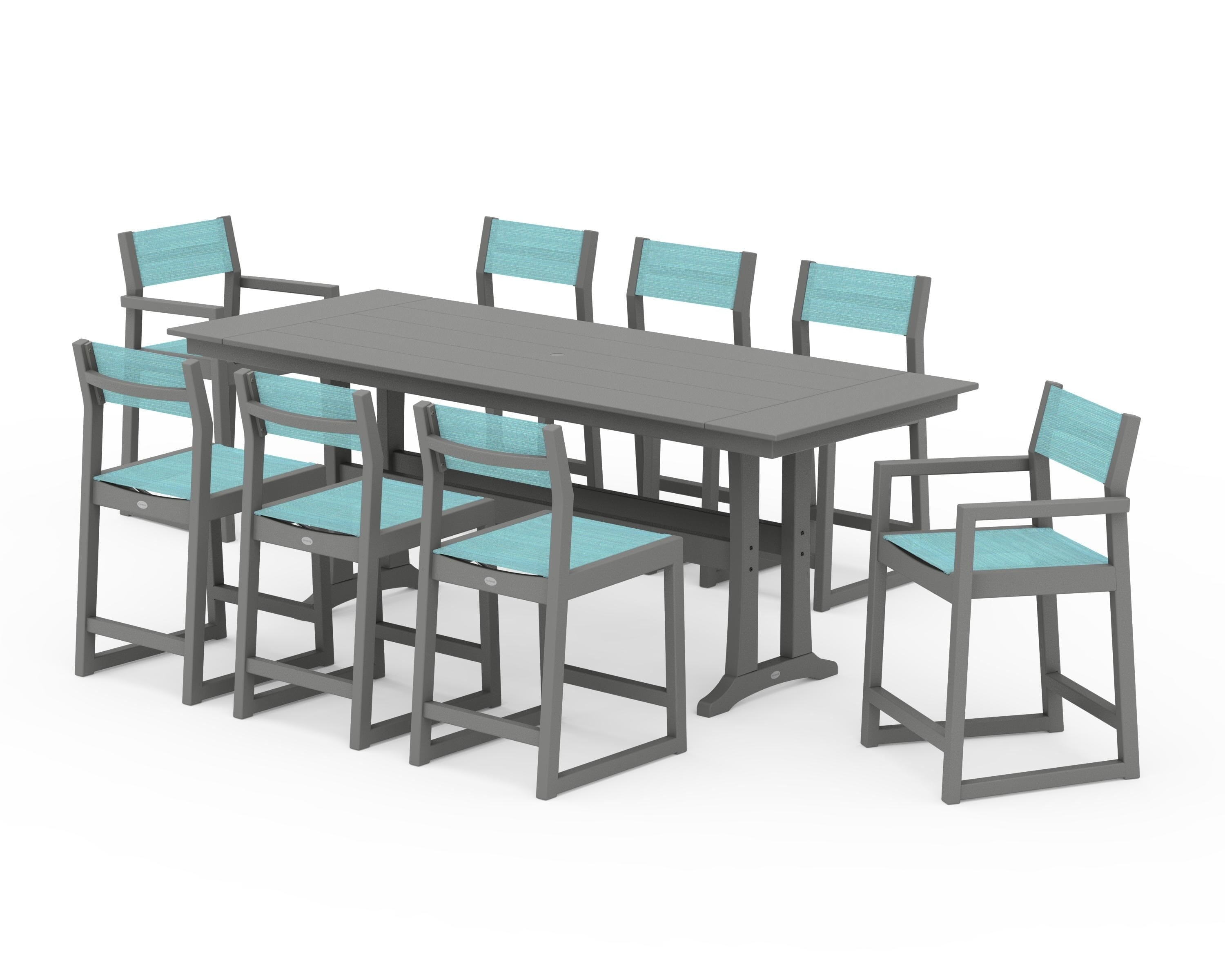 POLYWOOD® EDGE Sling 9-Piece Farmhouse Counter Set with Trestle Legs in Slate Grey / Dupioni Aquamarine Sling