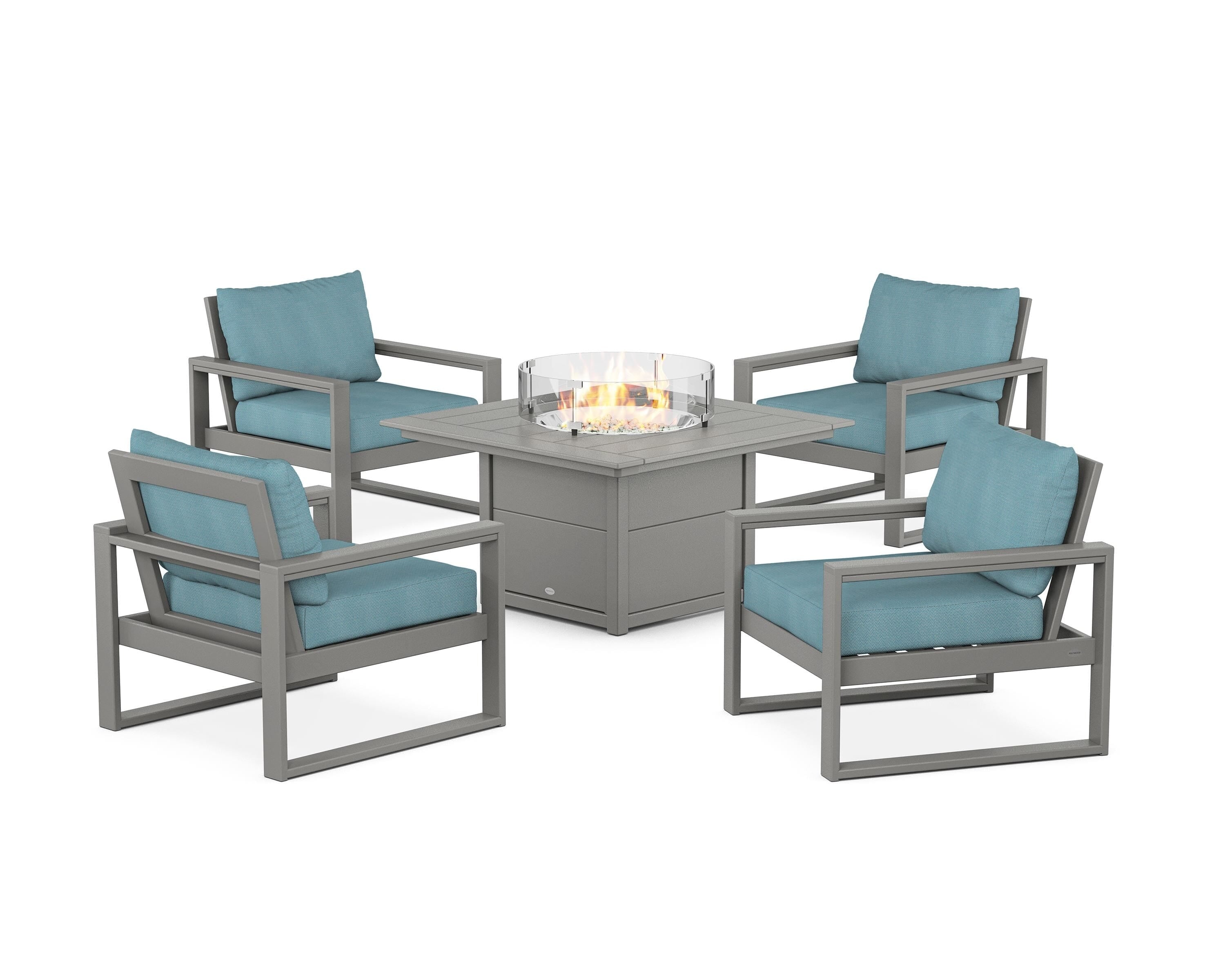 POLYWOOD® EDGE Sectional 5-Piece Deep Seating Set with Fire Pit Table in Slate Grey / Lattice Sky Blue