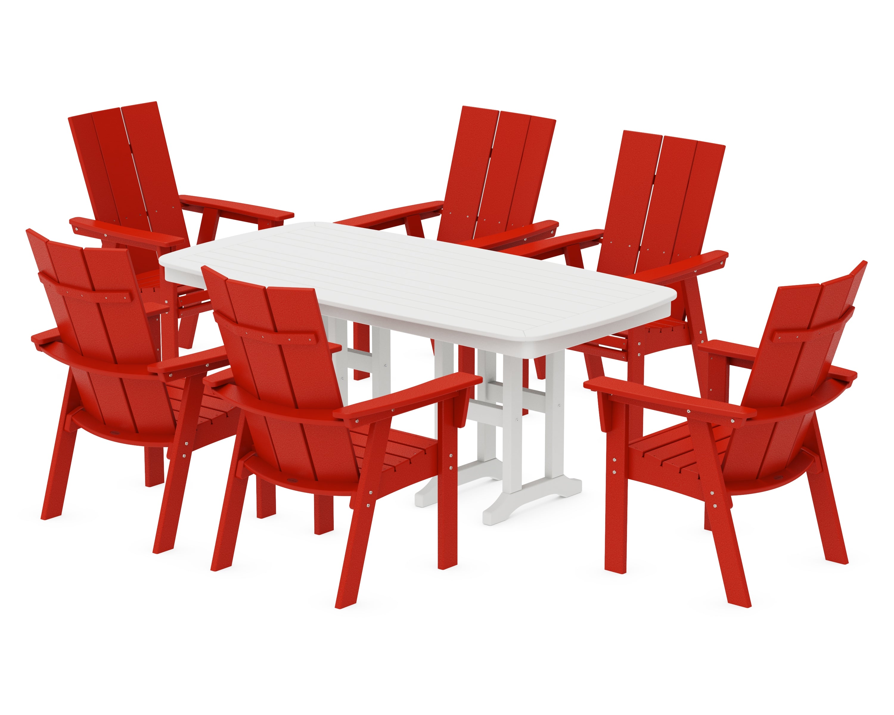 POLYWOOD® Modern Curveback Adirondack 7-Piece Dining Set in Sunset Red / White