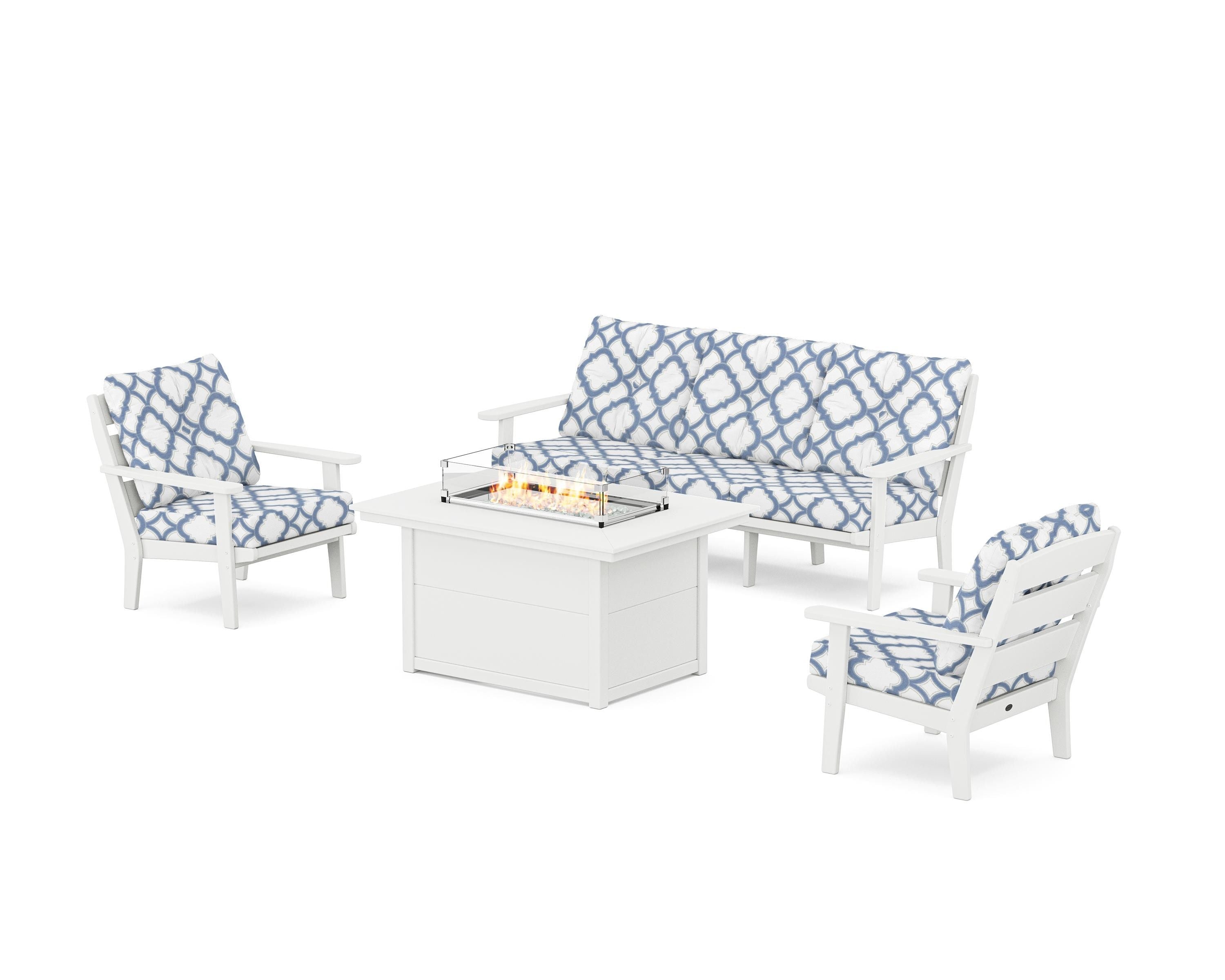 POLYWOOD® Lakeside Deep Seating Fire Pit Table Set in White / Trellis Sky Blue