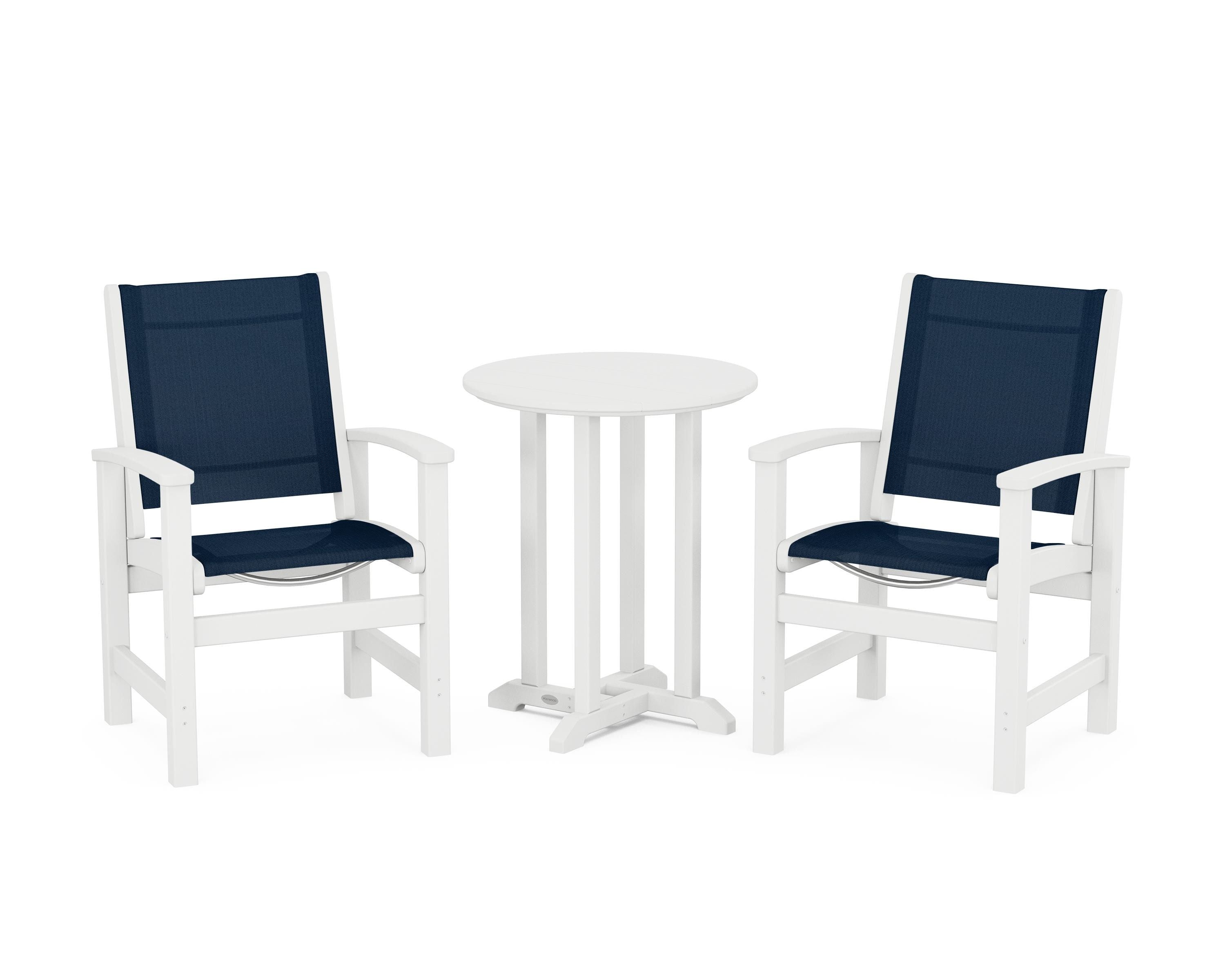 POLYWOOD® Coastal 3-Piece Round Bistro Dining Set in White / Navy Blue Sling