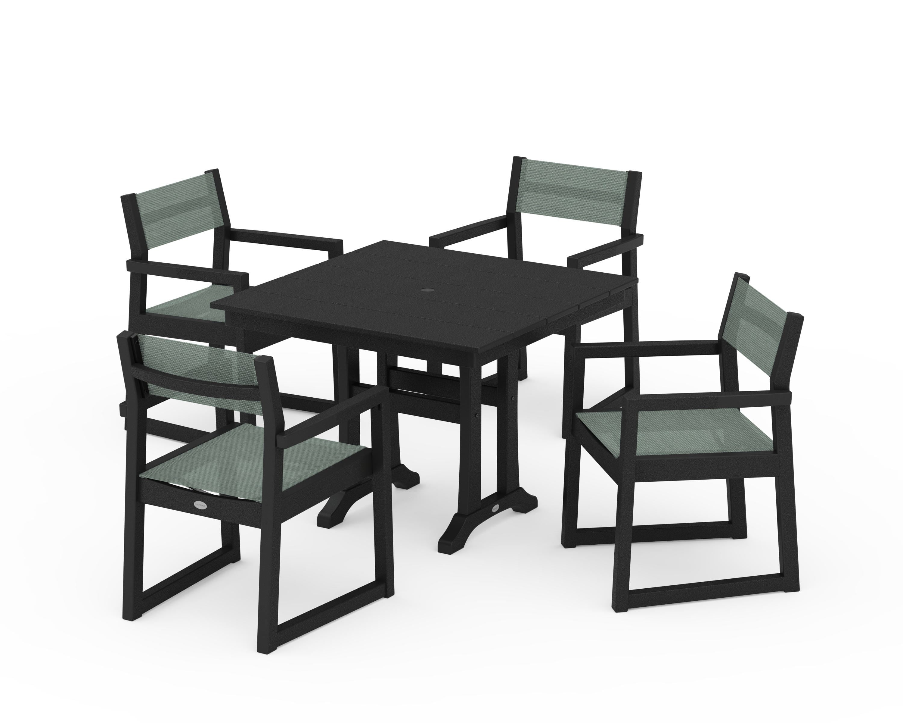 POLYWOOD® EDGE Sling 5-Piece Farmhouse Dining Set with Trestle Legs in Black / Dupioni Sea Mist Sling