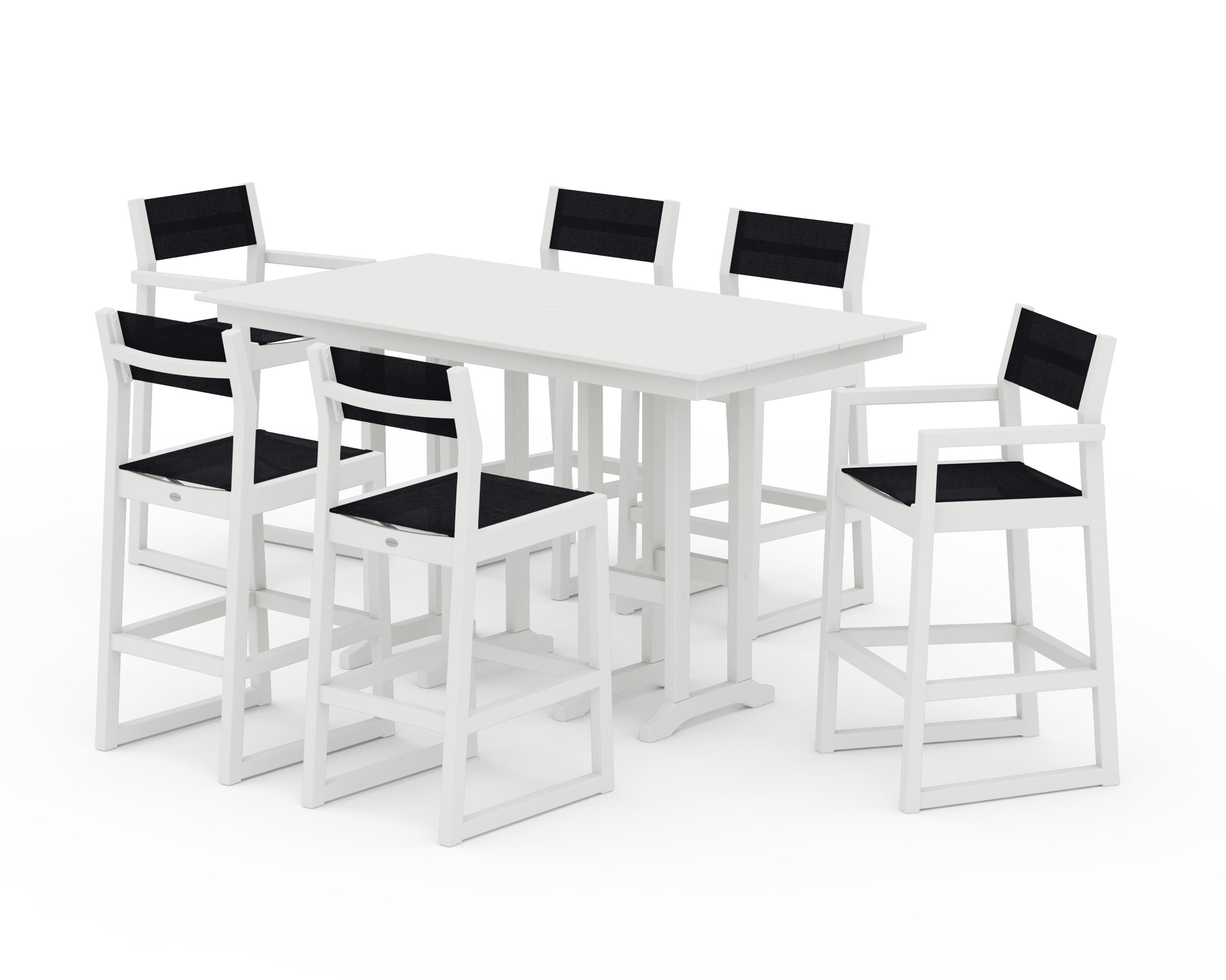 POLYWOOD® EDGE Sling 7-Piece Farmhouse Bar Set in White / Black Sling