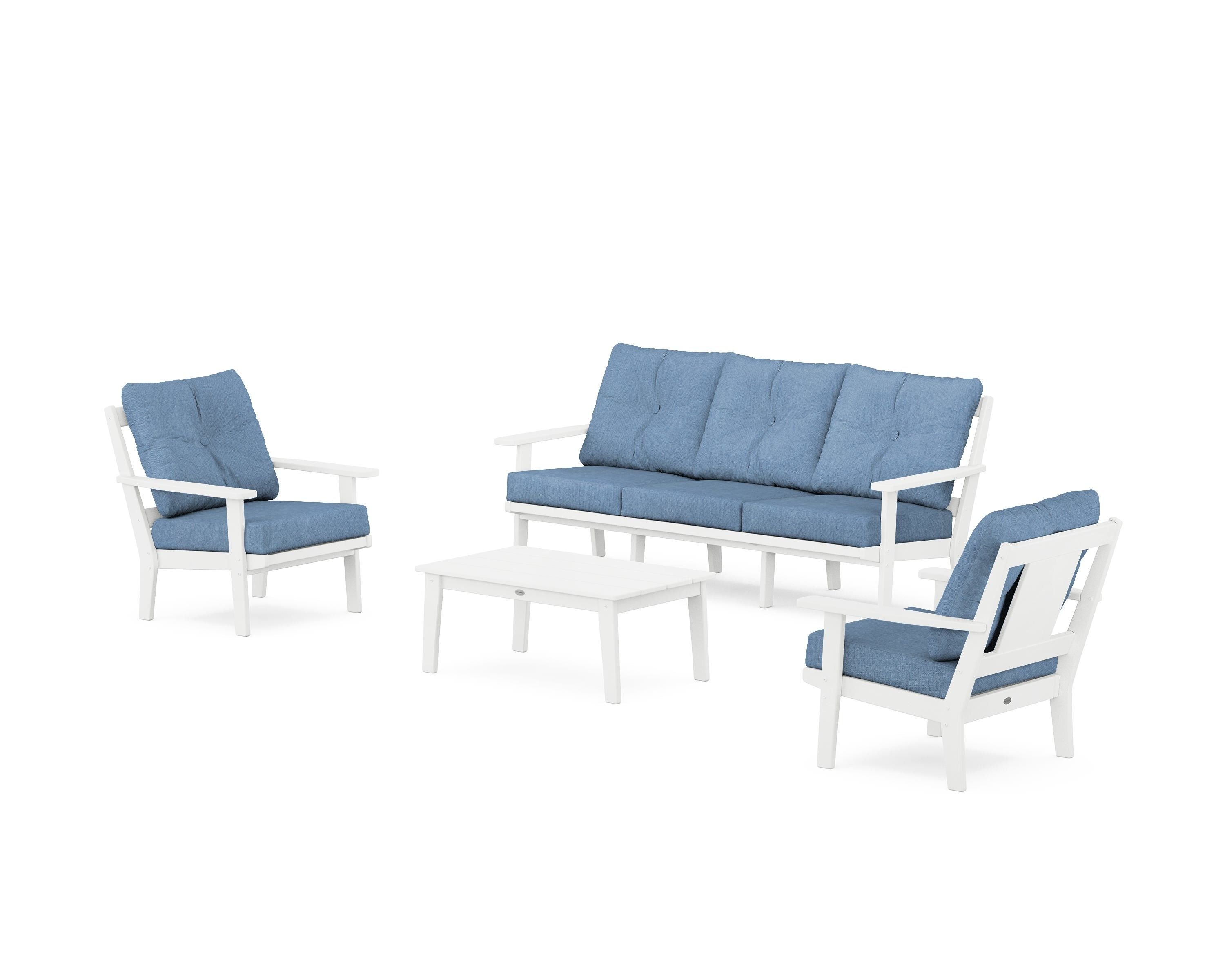 POLYWOOD® Prairie 4-Piece Deep Seating Set with Sofa in White / Sky Blue