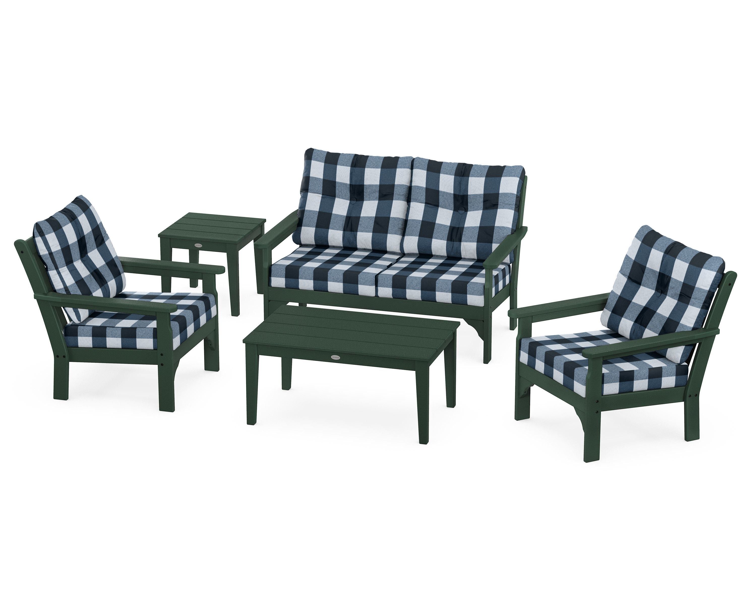 POLYWOOD® Vineyard 5-Piece Deep Seating Set in Green / Buffalo Plaid Marine Indigo