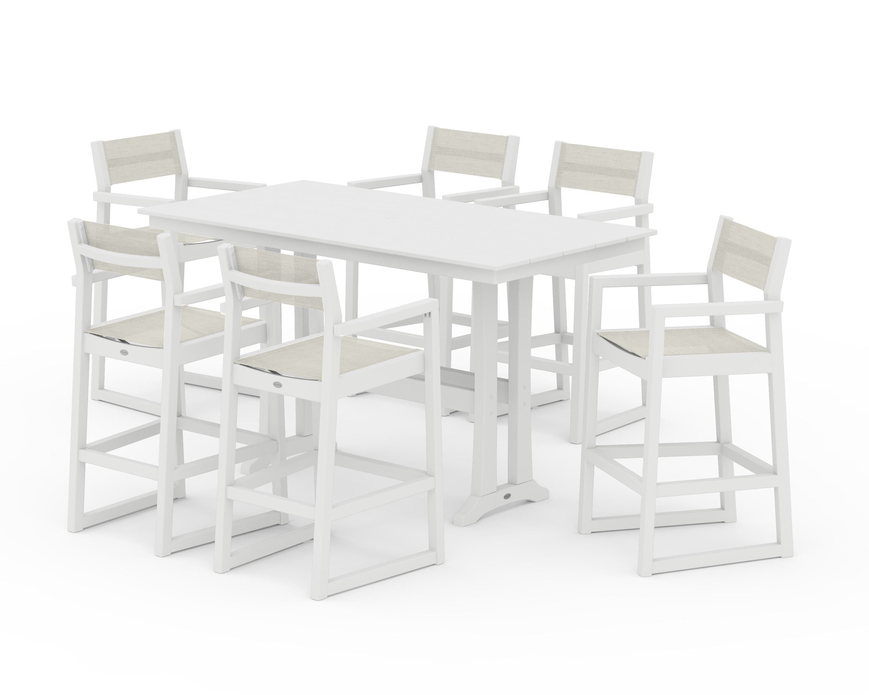 POLYWOOD® EDGE Sling Arm Chair 7-Piece Farmhouse Bar Set with Trestle Legs in White / Parchment Sling