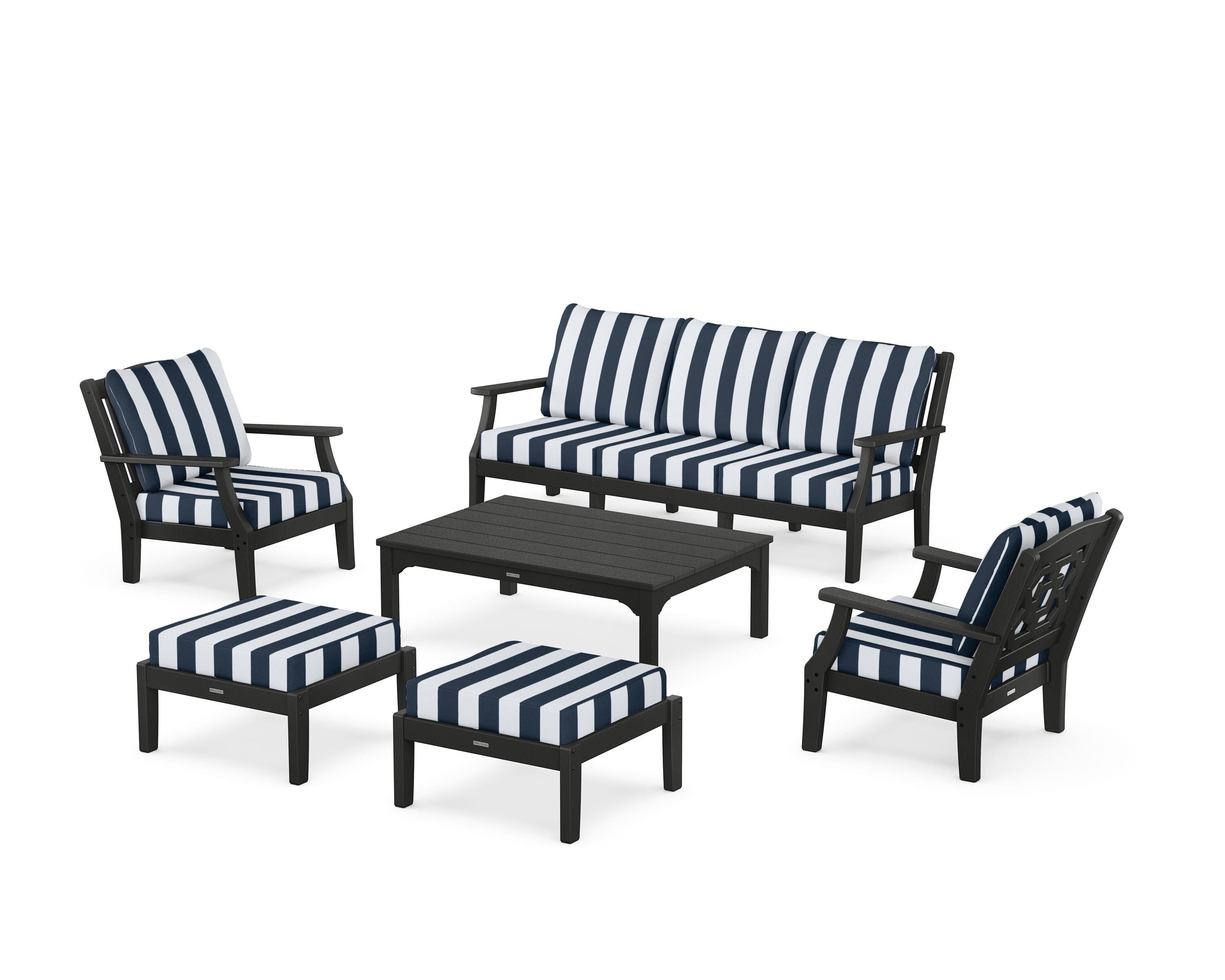 Martha Stewart by POLYWOOD® Chinoiserie 6-Piece Lounge Sofa Set in Black / Cabana Stripe Marine Indigo
