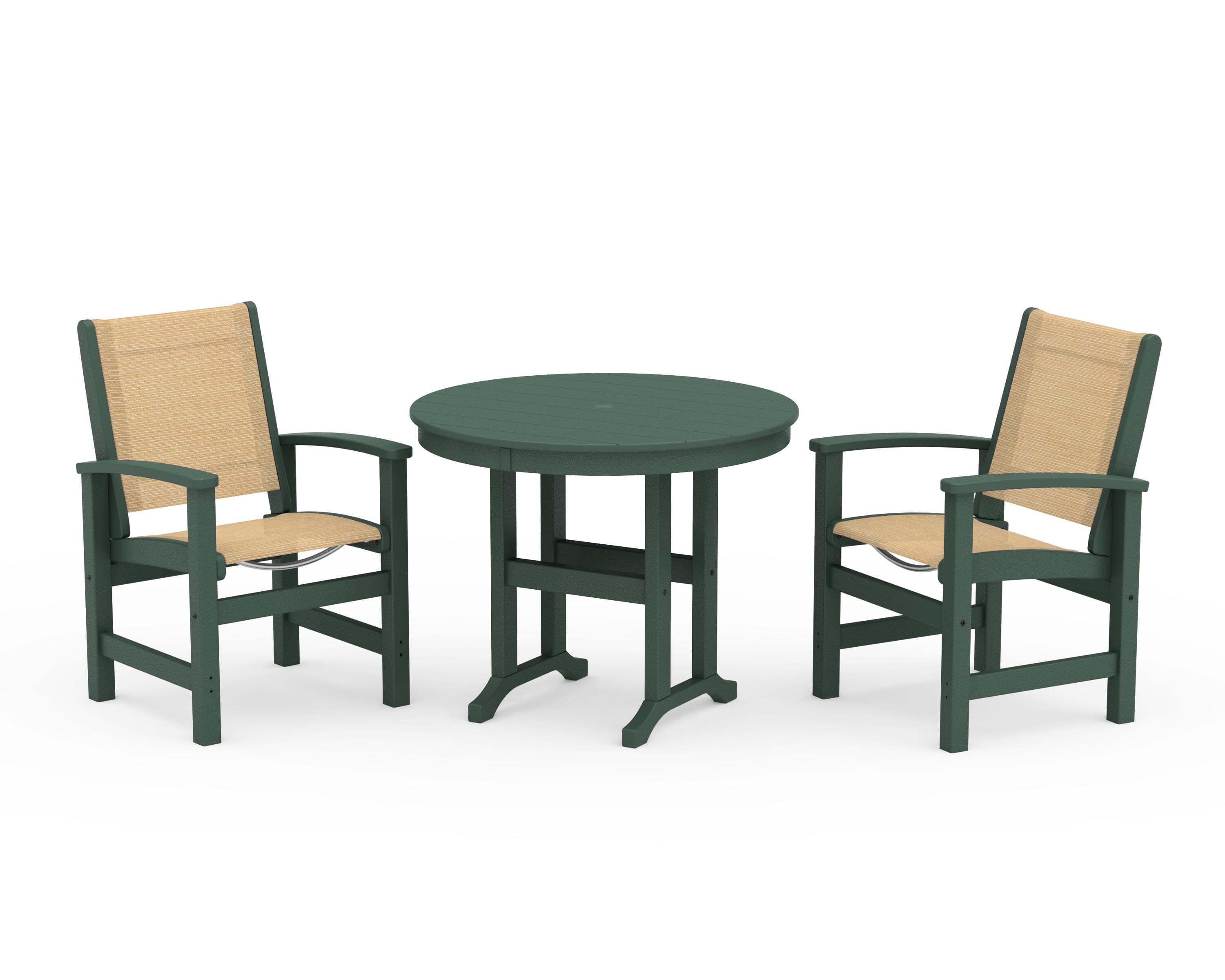 POLYWOOD® Coastal 3-Piece Round Dining Set in Green / Dupioni Apricot Sling