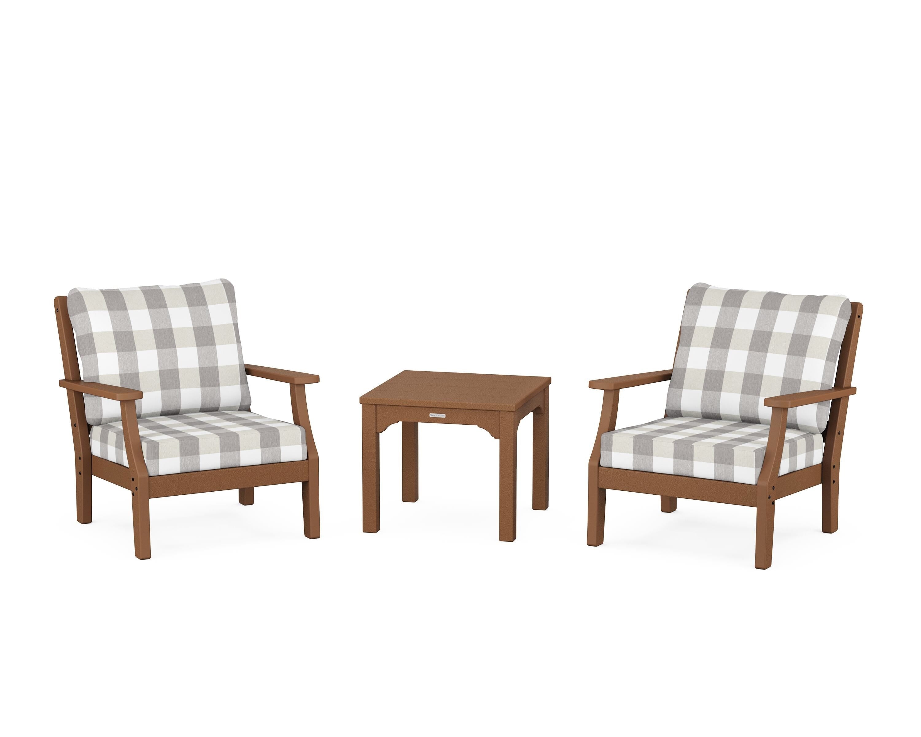 Martha Stewart by POLYWOOD® Chinoiserie 3-Piece Deep Seating Set in Teak / Buffalo Plaid Grey Mist