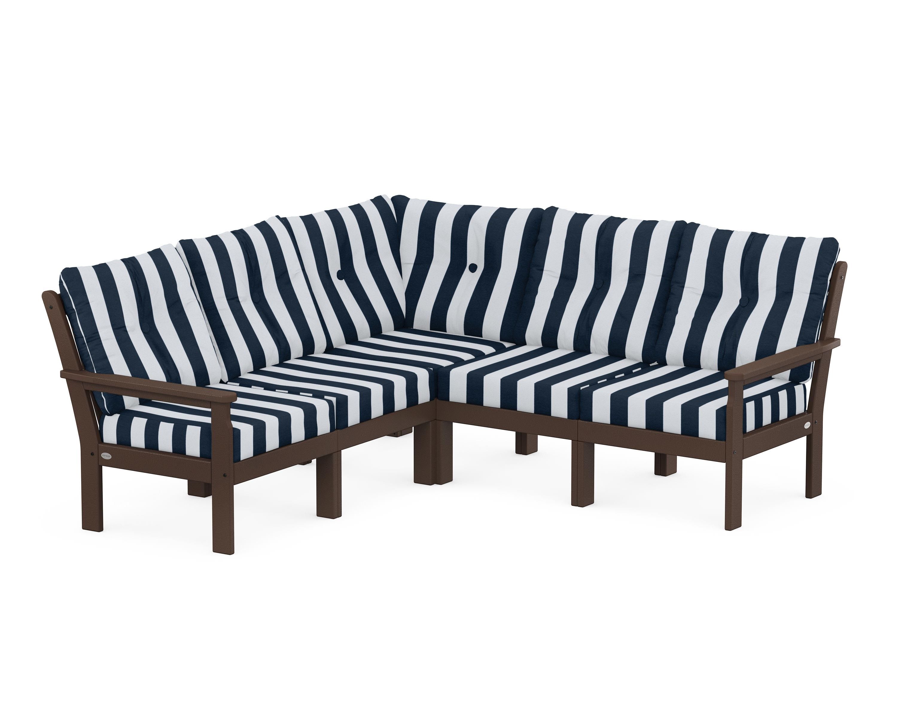 POLYWOOD® Vineyard 5-Piece Sectional in Mahogany / Cabana Stripe Marine Indigo