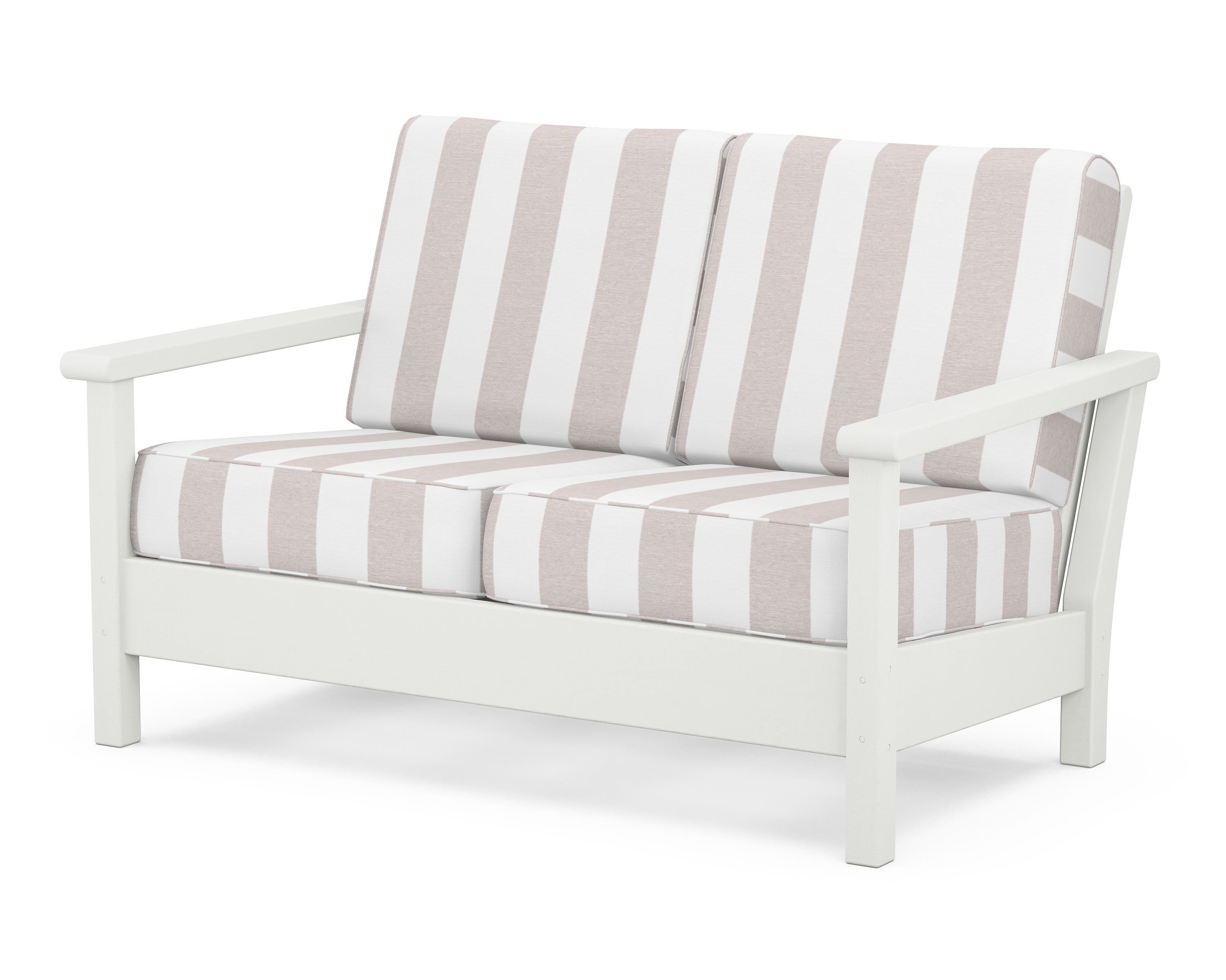 POLYWOOD® Harbour Deep Seating Loveseat in Vintage White / Cabana Stripe Dune Burlap