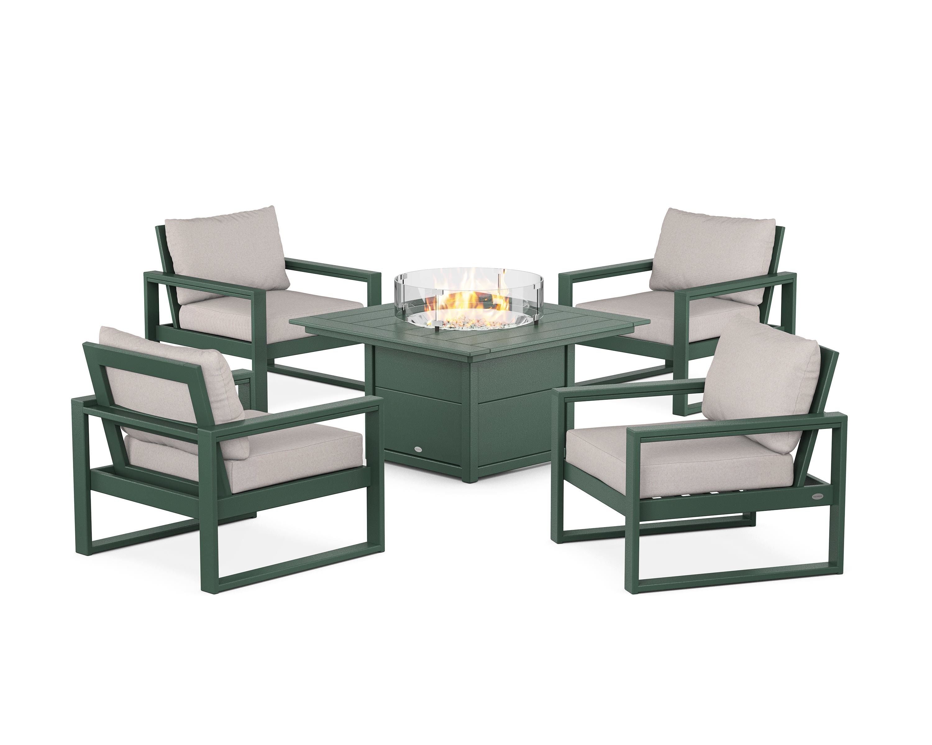 POLYWOOD® EDGE Sectional 5-Piece Deep Seating Set with Fire Pit Table in Green / Dune Burlap