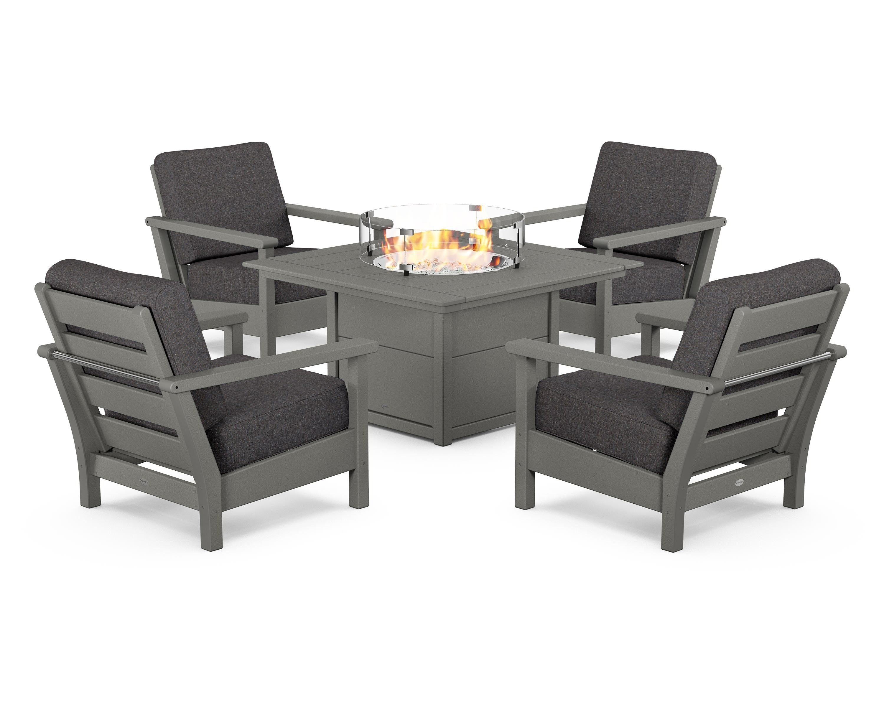 POLYWOOD® Harbour 5-Piece Conversation Set with Fire Pit Table in Slate Grey / Ash Charcoal