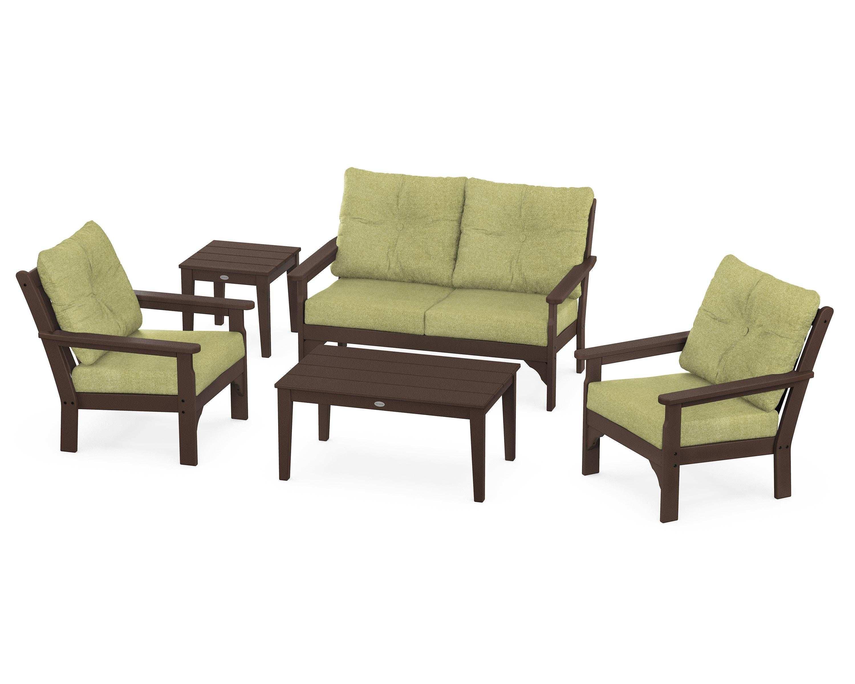 POLYWOOD® Vineyard 5-Piece Deep Seating Set in Mahogany / Chartreuse Boucle