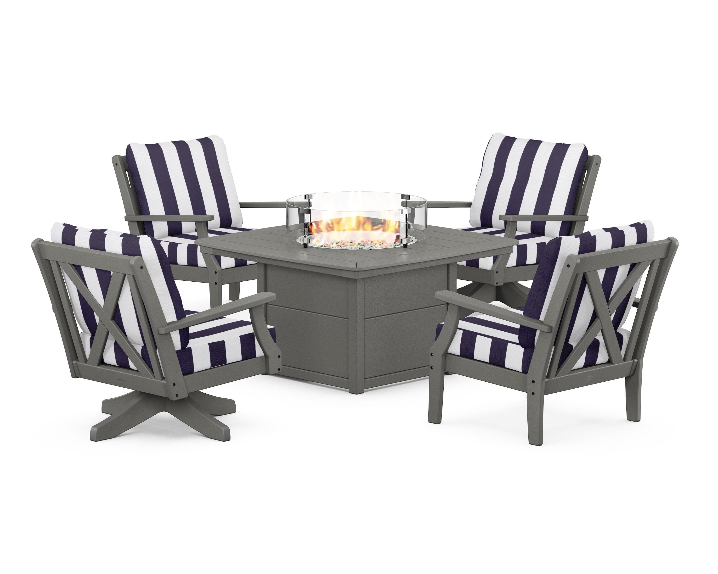 POLYWOOD® Braxton 5-Piece Deep Seating Set with Fire Table in Slate Grey / Cabana Stripe Navy