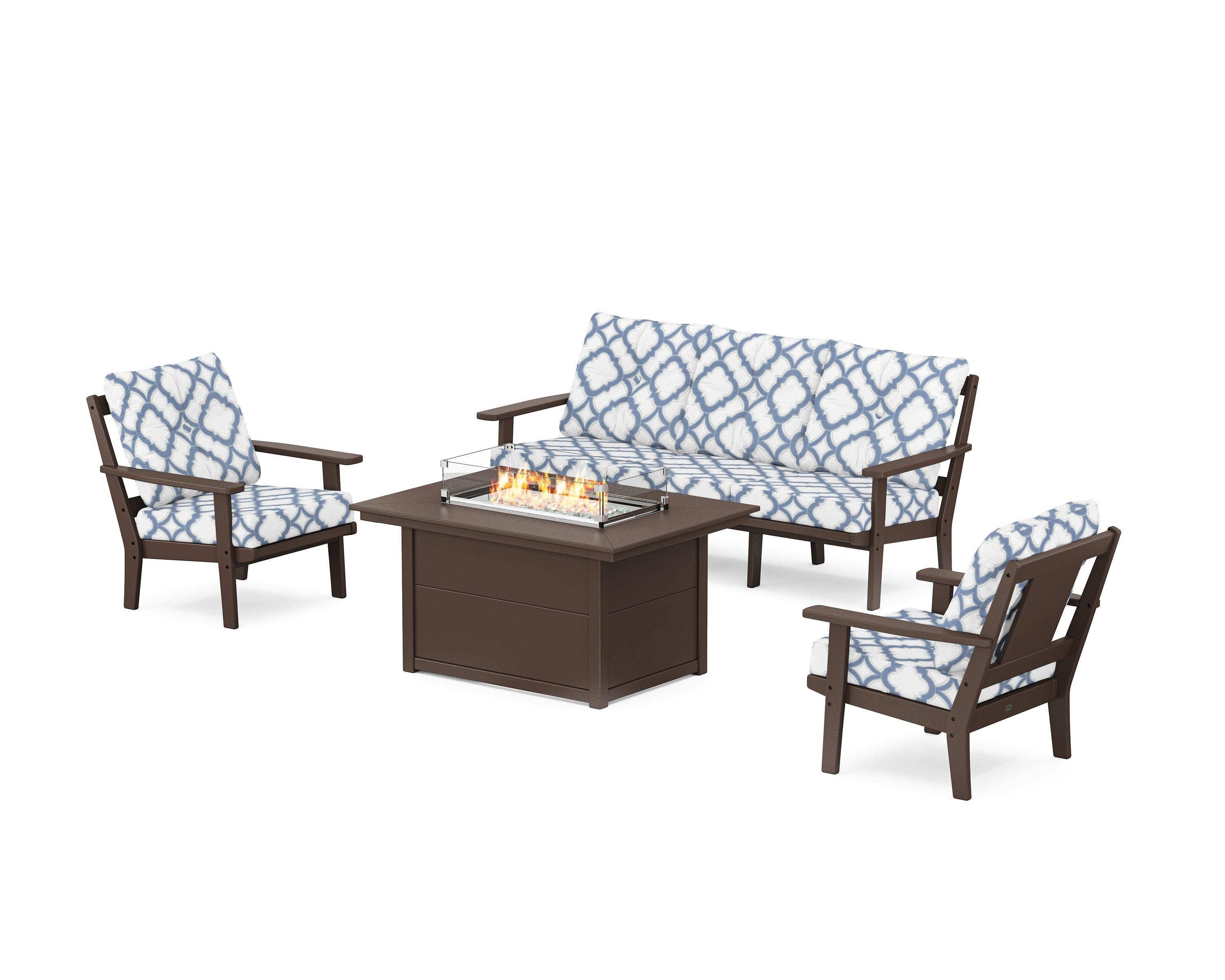 POLYWOOD® Prairie Deep Seating Fire Pit Table Set in Mahogany / Trellis Sky Blue