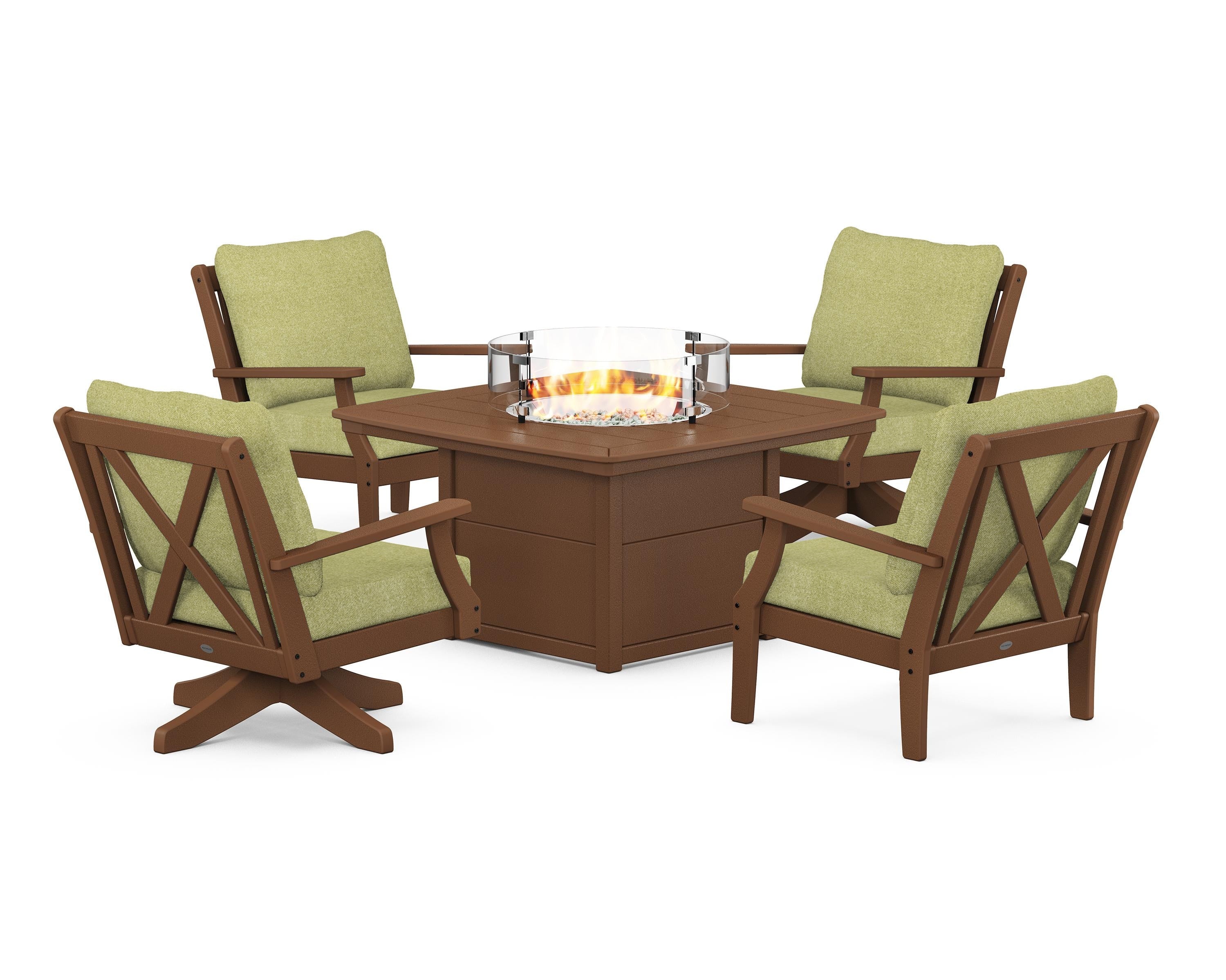 POLYWOOD® Braxton 5-Piece Deep Seating Set with Fire Table in Teak / Chartreuse Boucle