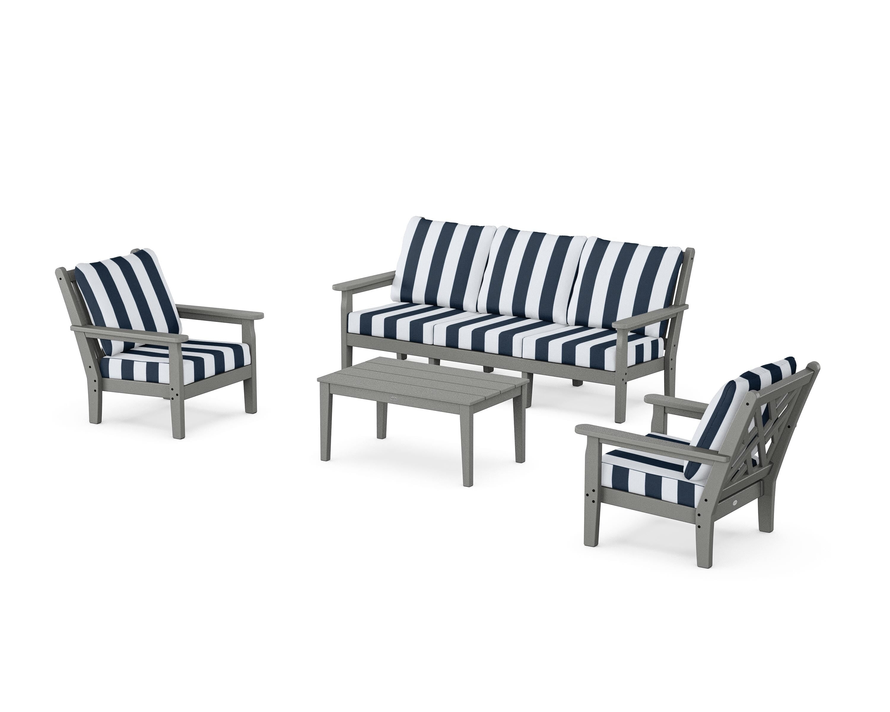 POLYWOOD® Chippendale 4-Piece Deep Seating Set with Sofa in Slate Grey / Cabana Stripe Marine Indigo
