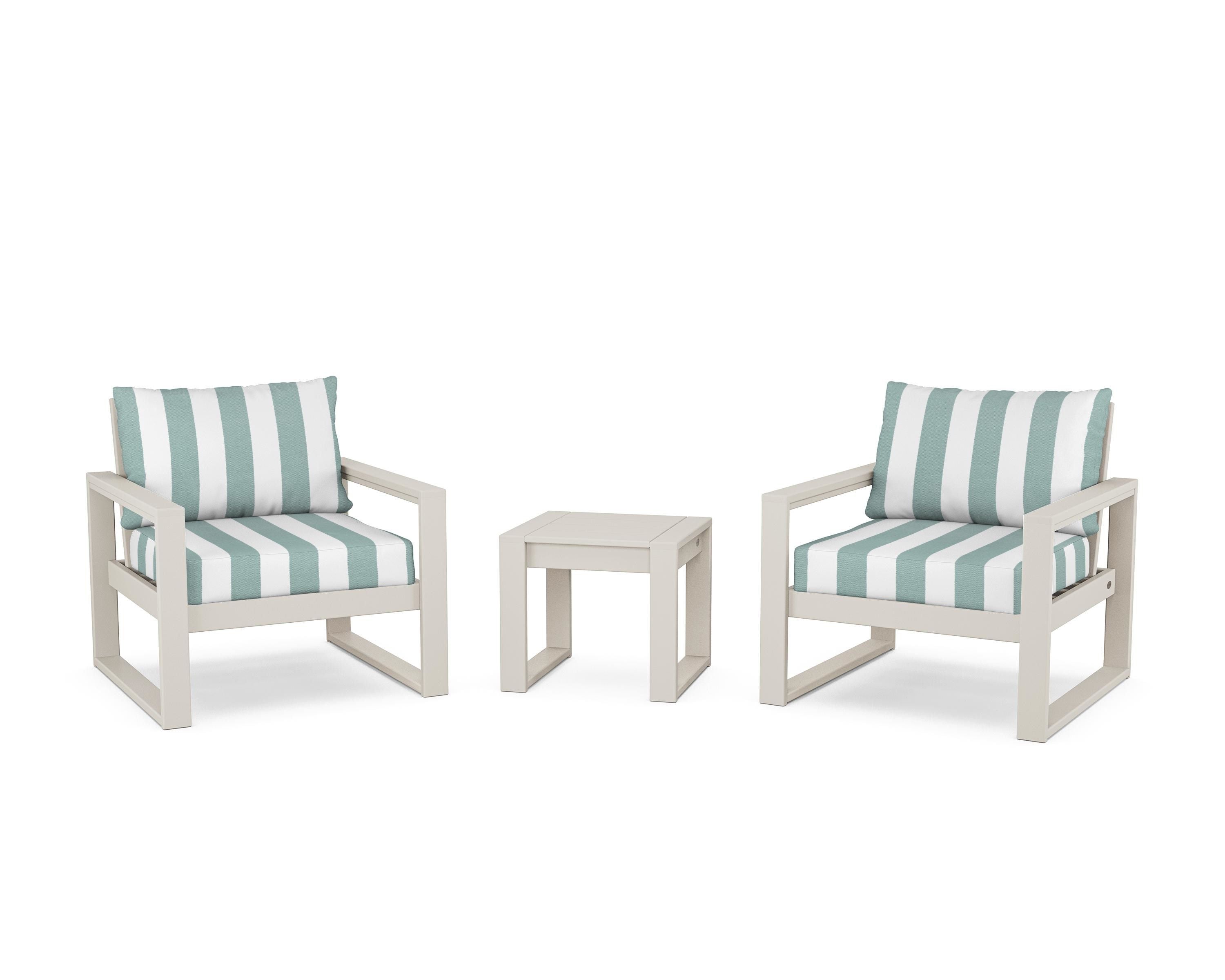 POLYWOOD® EDGE Sectional 3-Piece Deep Seating Set in Sand / Cabana Stripe Glacier Spa
