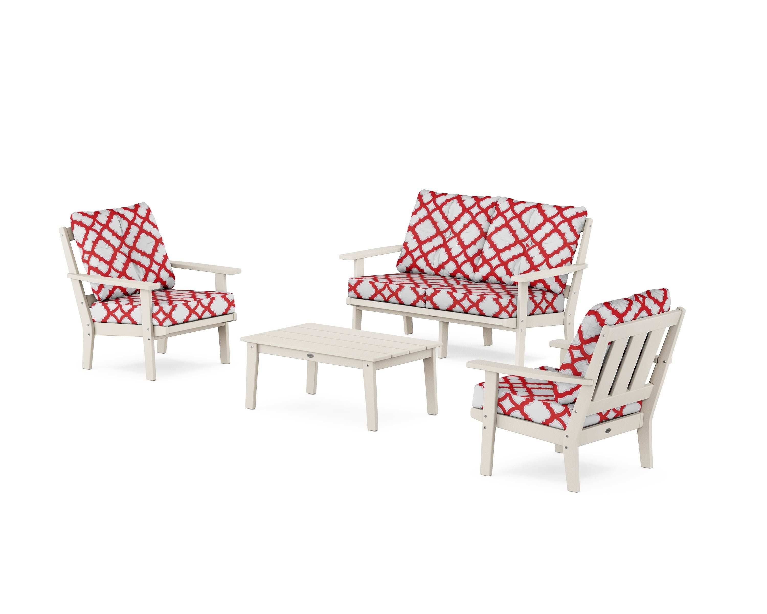 POLYWOOD® Oxford 4-Piece Deep Seating Set with Loveseat in Sand / Trellis Crimson