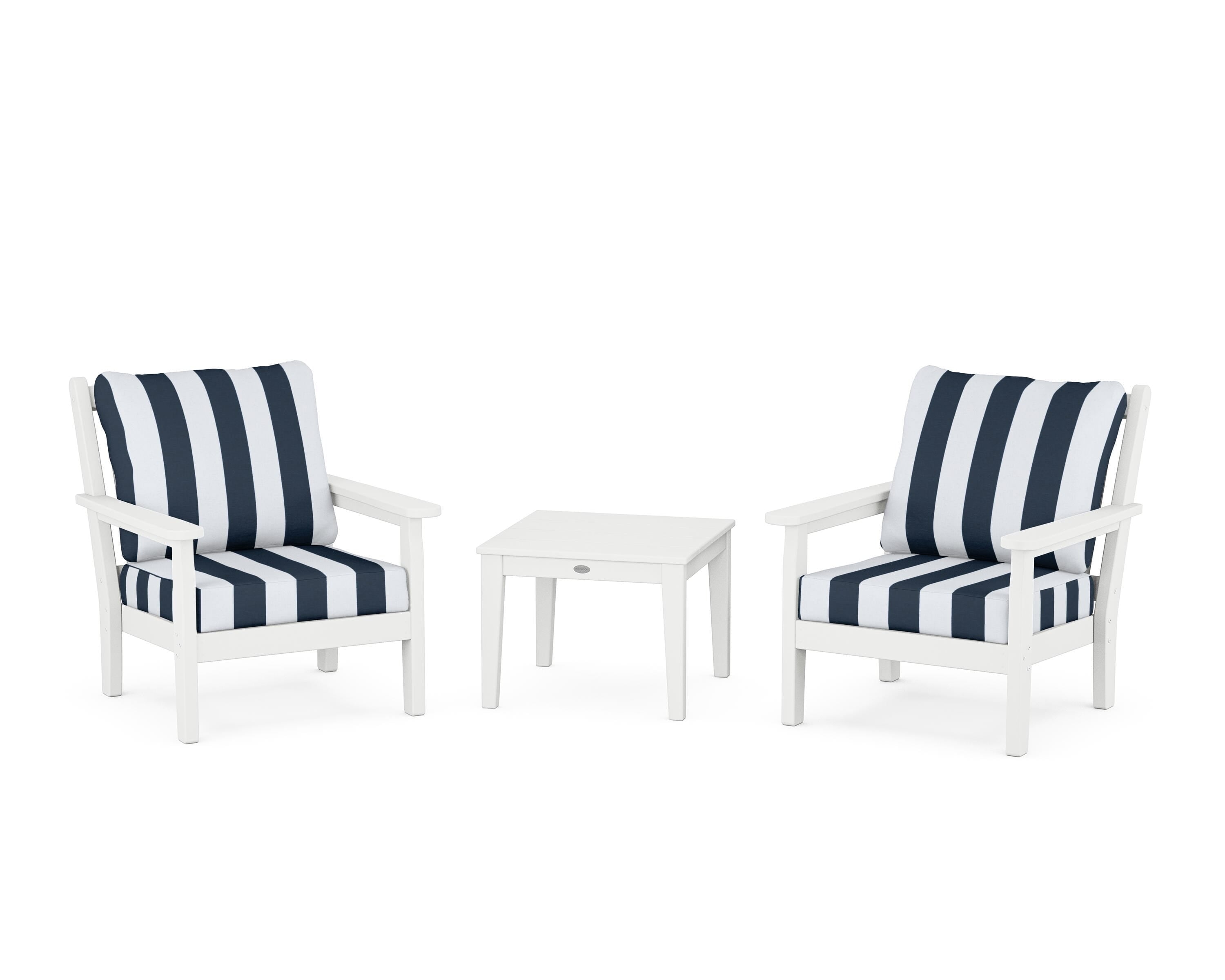 POLYWOOD® Chippendale 3-Piece Deep Seating Set in White / Cabana Stripe Marine Indigo