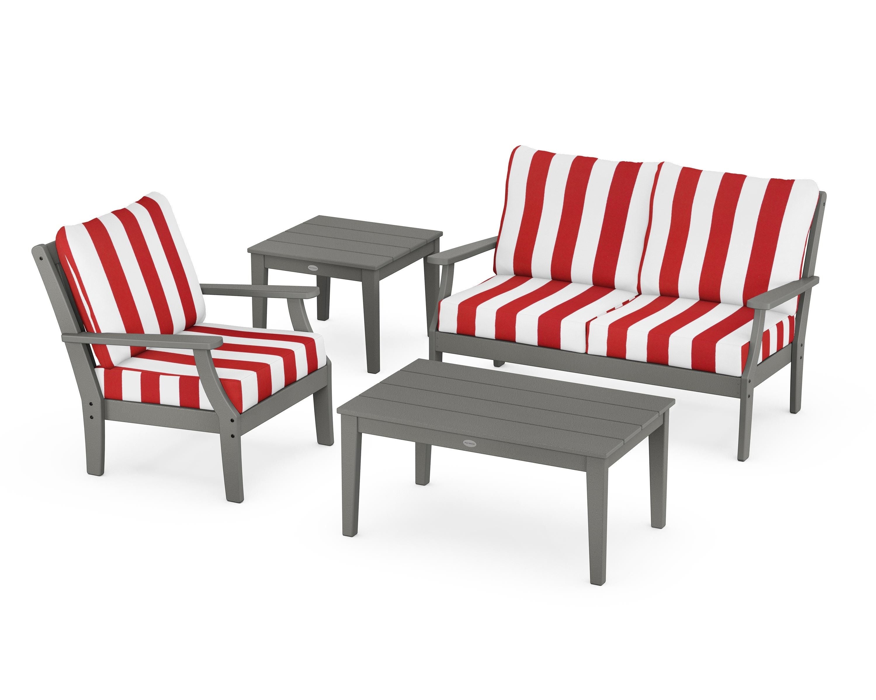 POLYWOOD® Braxton 4-Piece Deep Seating Set in Slate Grey / Cabana Stripe Crimson