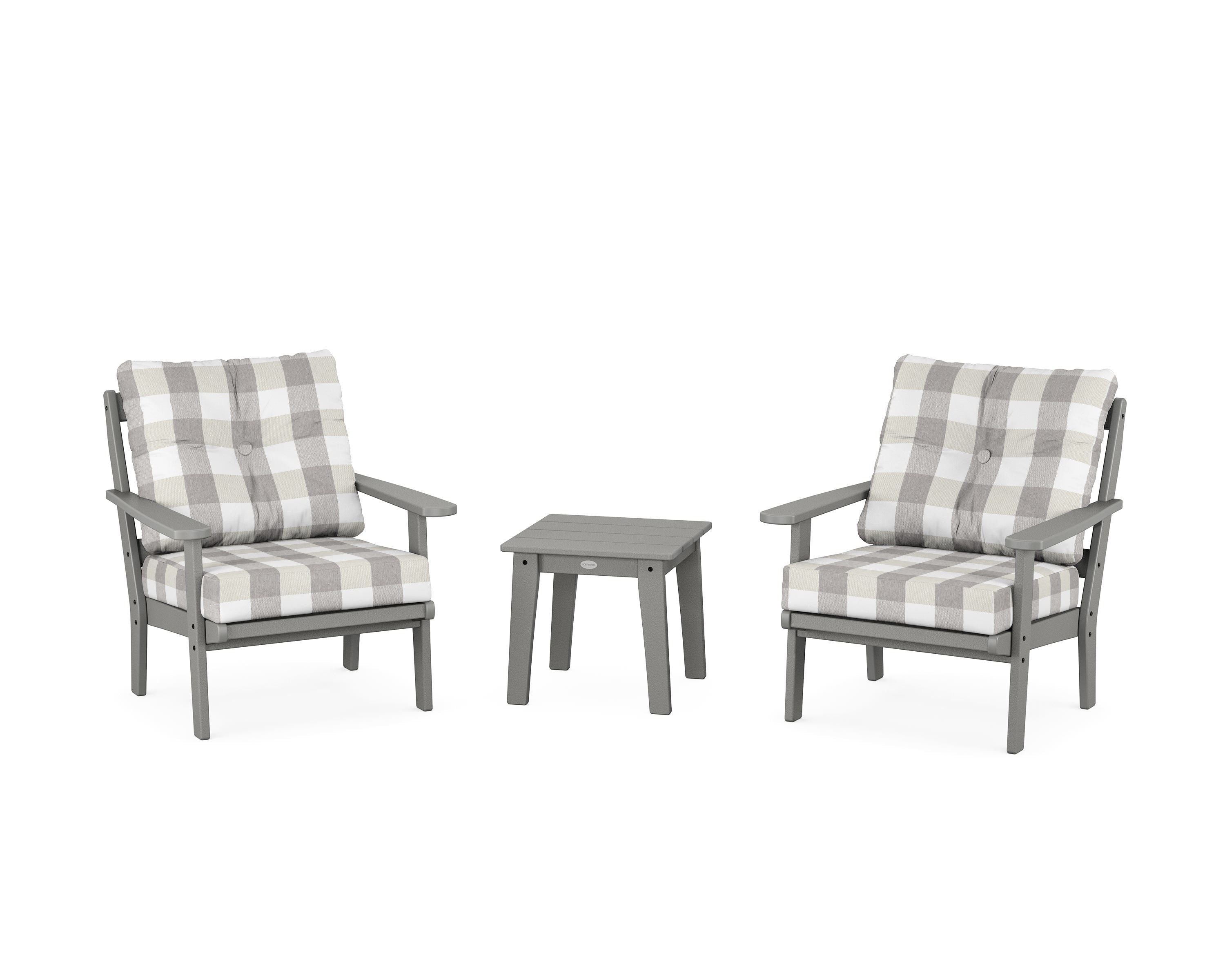POLYWOOD® Mission 3-Piece Deep Seating Set in Slate Grey / Buffalo Plaid Grey Mist
