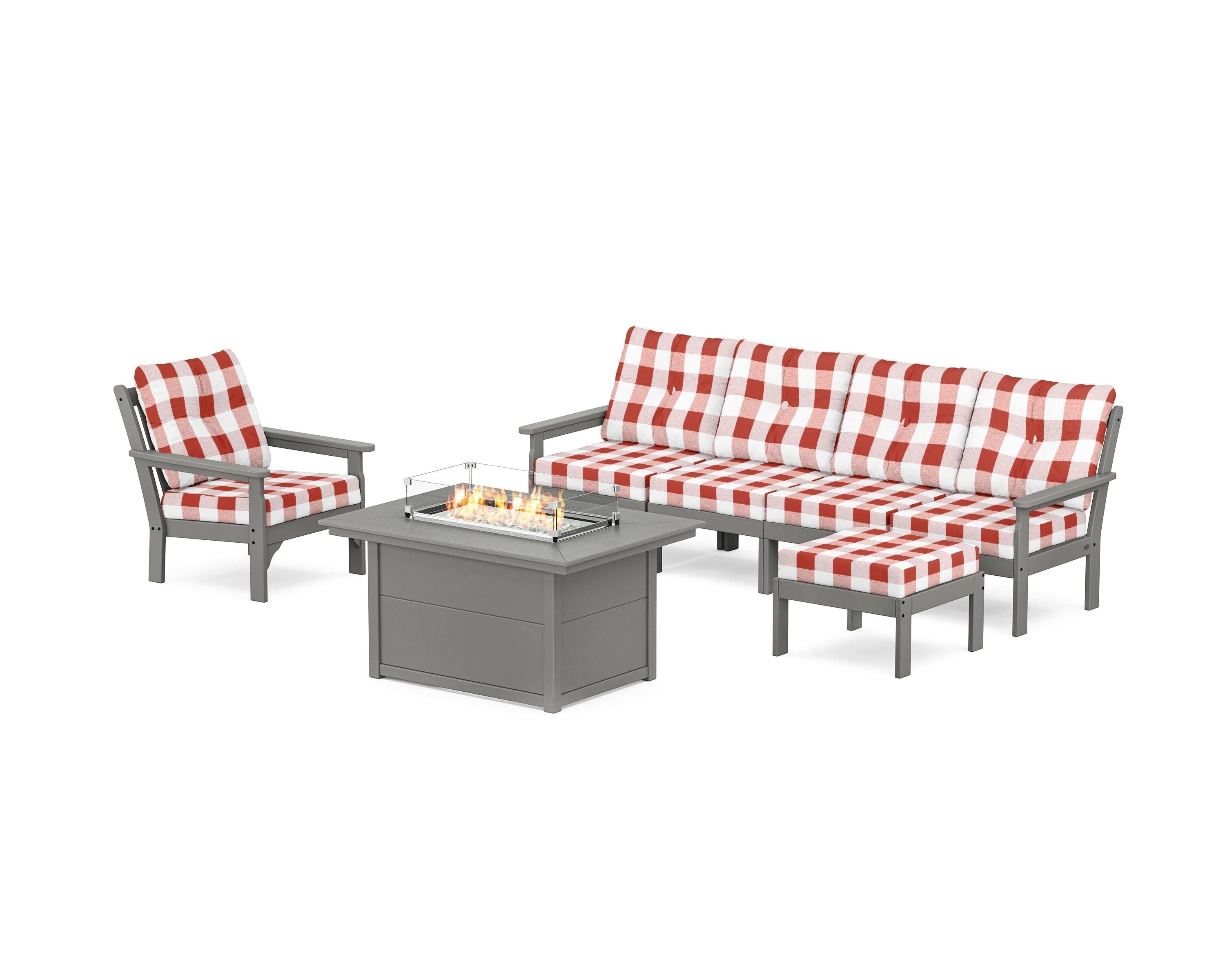 POLYWOOD® Vineyard Sectional Lounge and Fire Pit Set in Slate Grey / Buffalo Plaid Crimson