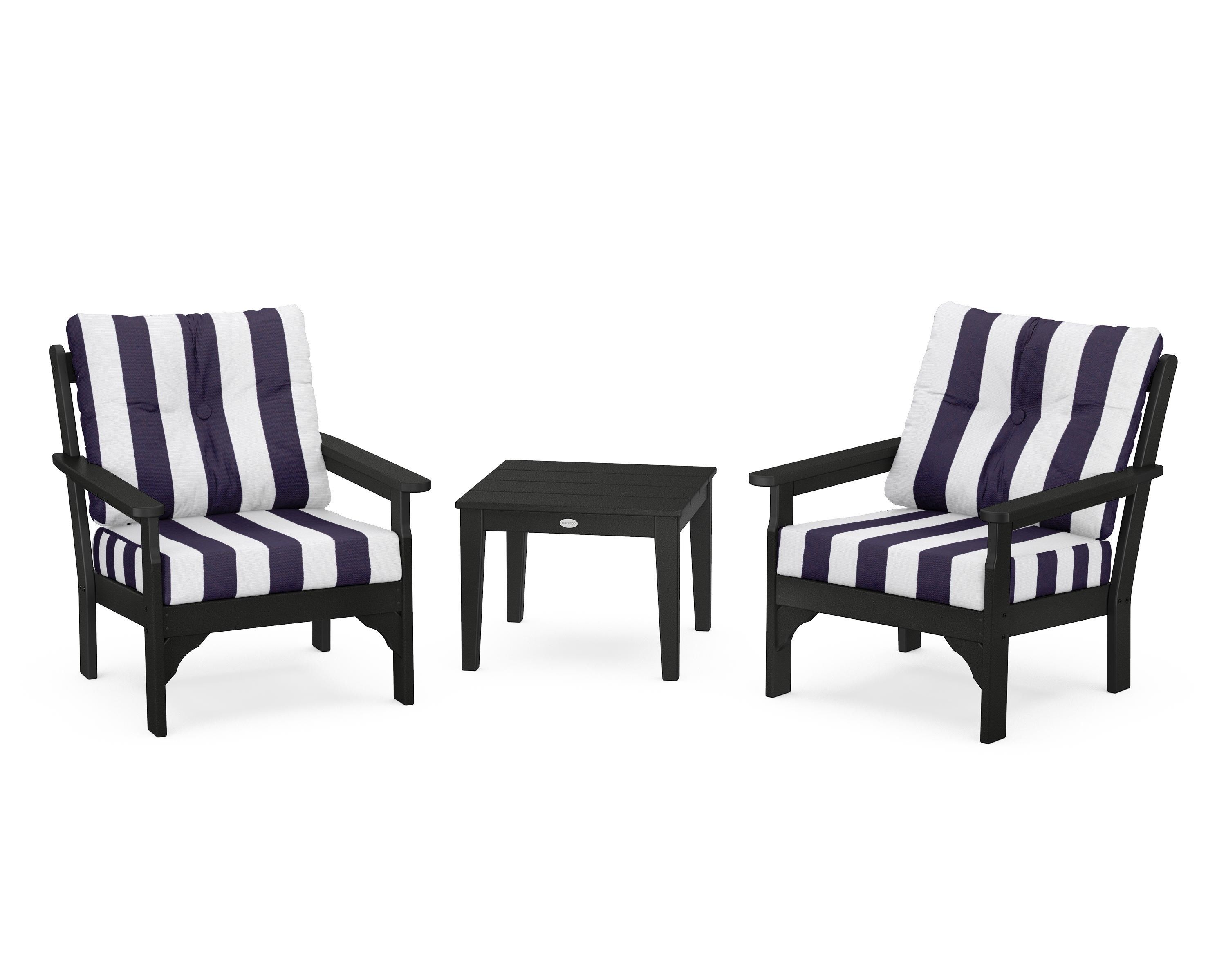 POLYWOOD® Vineyard 3-Piece Deep Seating Set in Black / Cabana Stripe Navy