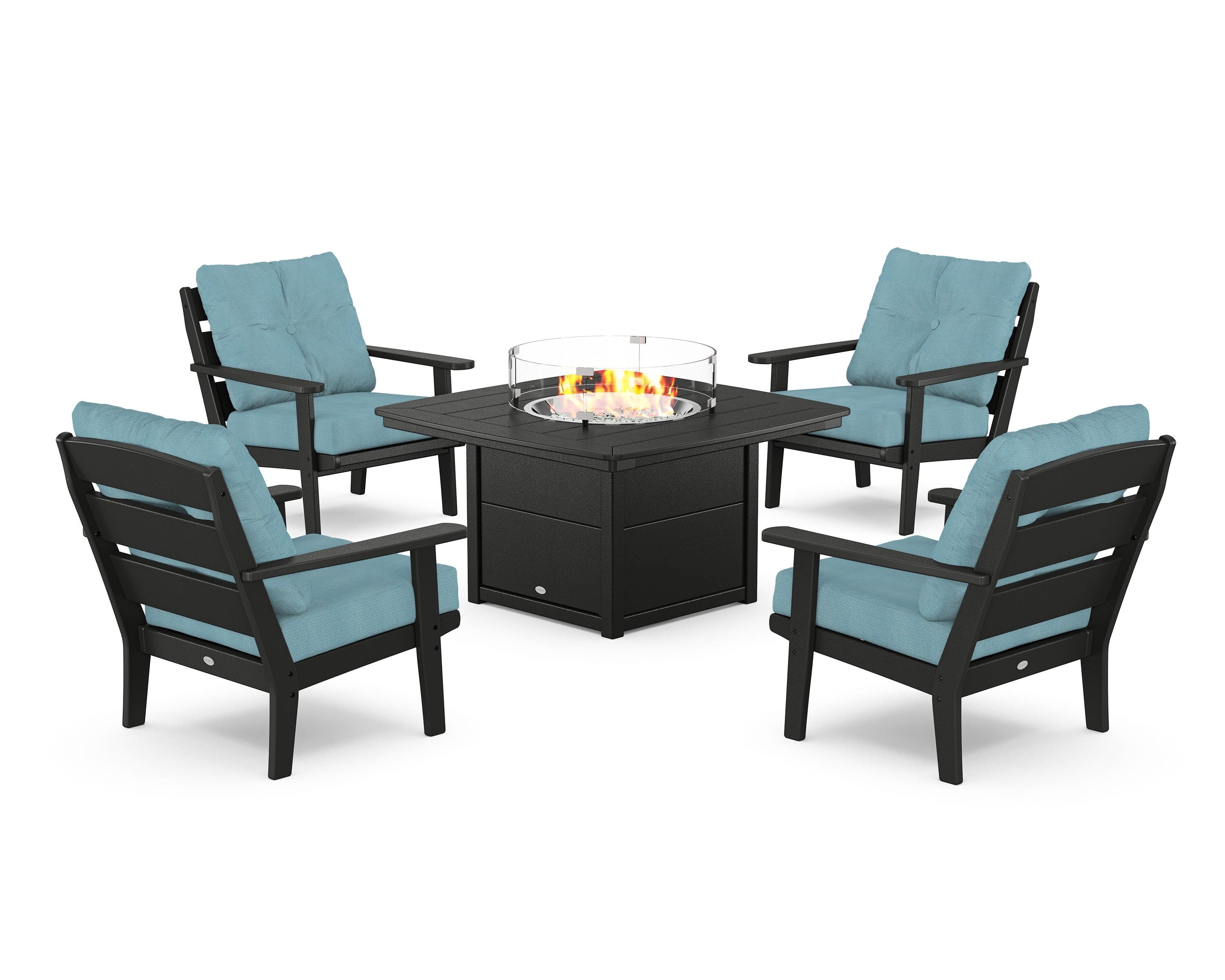 POLYWOOD® Lakeside 5-Piece Deep Seating Set with Nautical Fire Pit Table in Black / Lattice Sky Blue