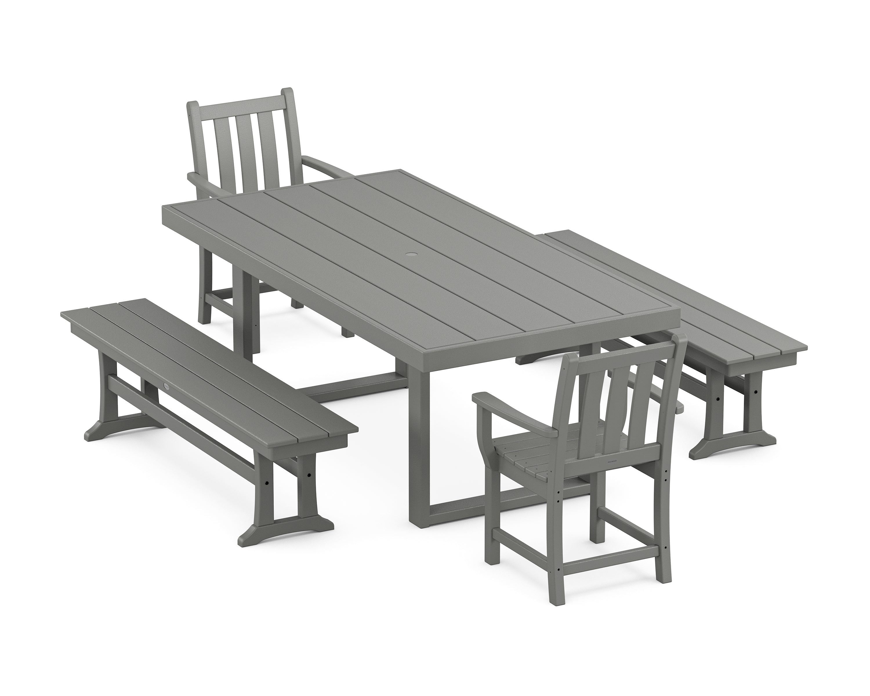 POLYWOOD® Traditional Garden 5-Piece Dining Set with Benches in Slate Grey
